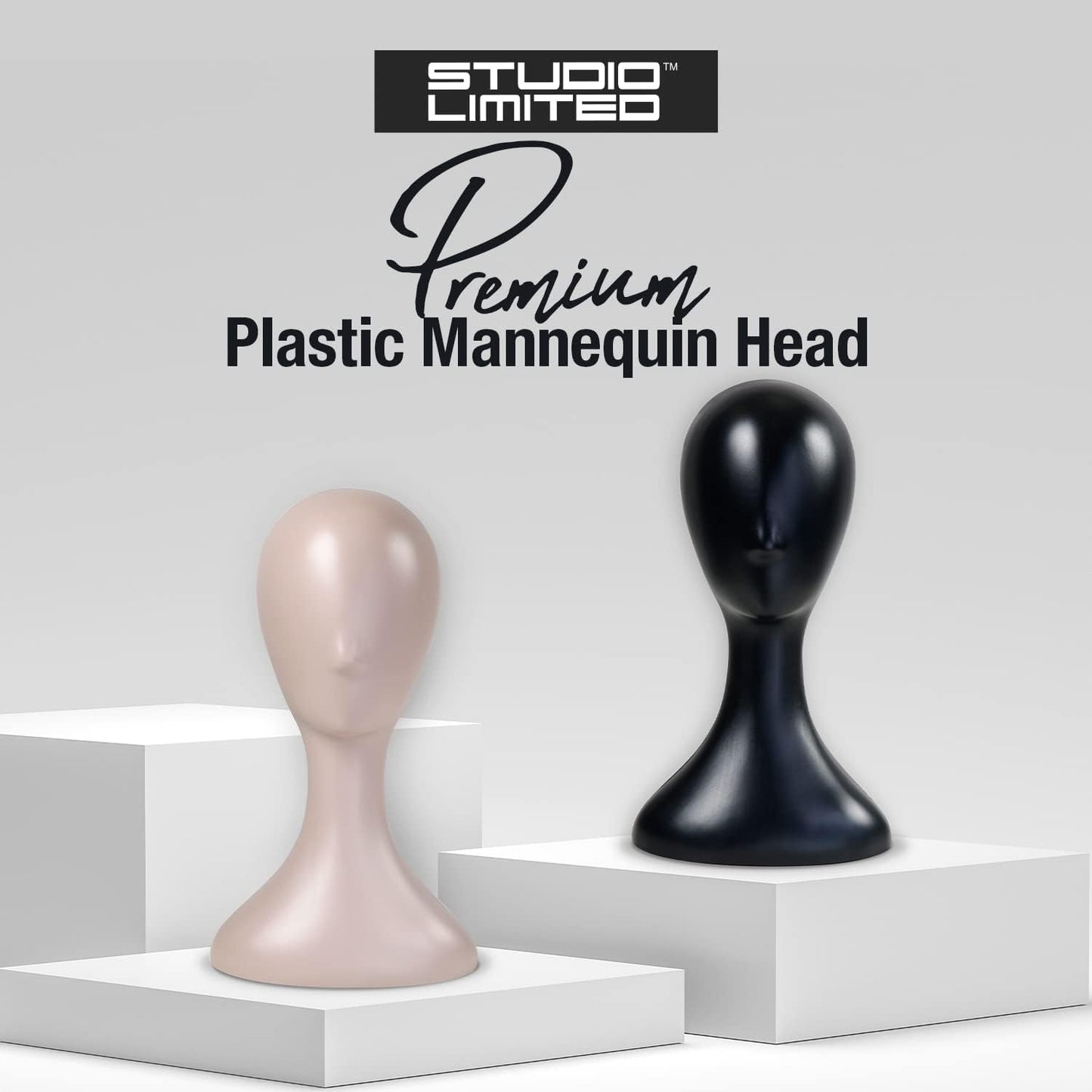 16 Inch Studio Limited Professional Plastic Mannequin Head Durable Wig Head Stand Torso Styling Making Display Holder with Jack for Wigs, Hat, Mask, Headdress (Black 1 + 3 Pcs Wig Band Set)