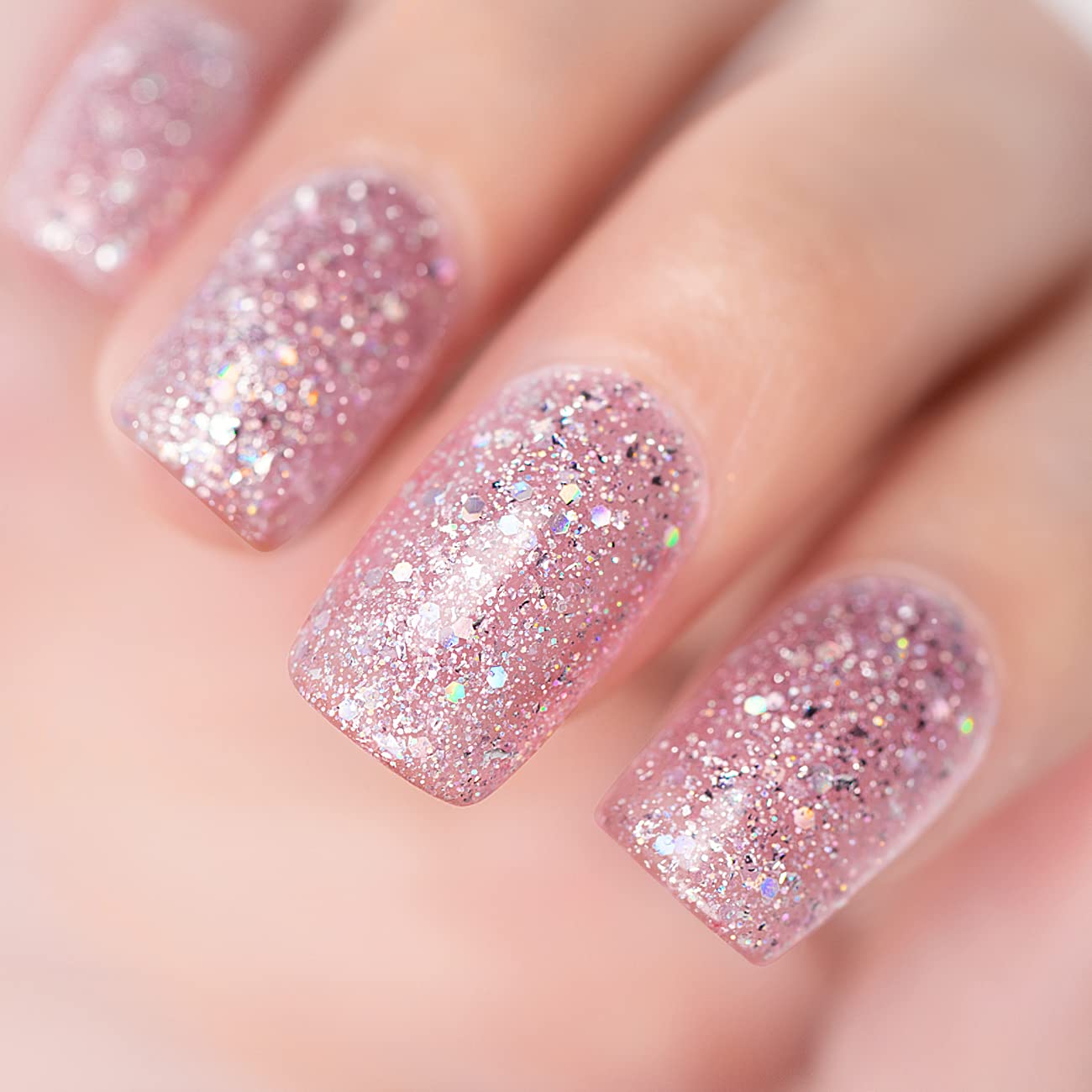 RARJSM Nude Pink Glitter Nail Polish Chunky Iridescent 15ml Shimmer Holographic Rainbow Effect Soak off Led UV Curing Required High Pigments Gel for Home Manicure Nail Art