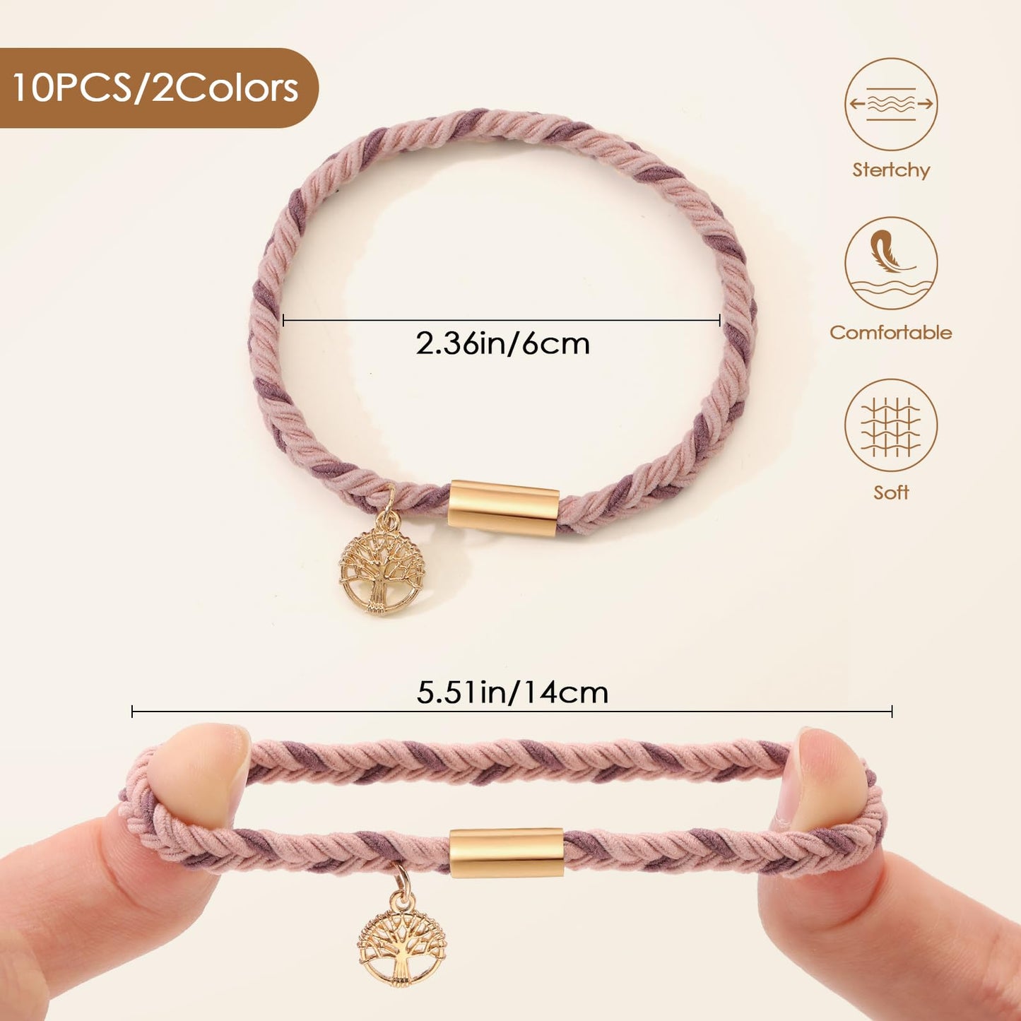 10 PCS Hair Ties Bracelets, Boho Hair Ties for Thick & Thin Hair, Cute Stretch Bracelets, Braided Hair Ties for Ponytail Holders, 5 Styles Hair Ties No-Damage, Pink