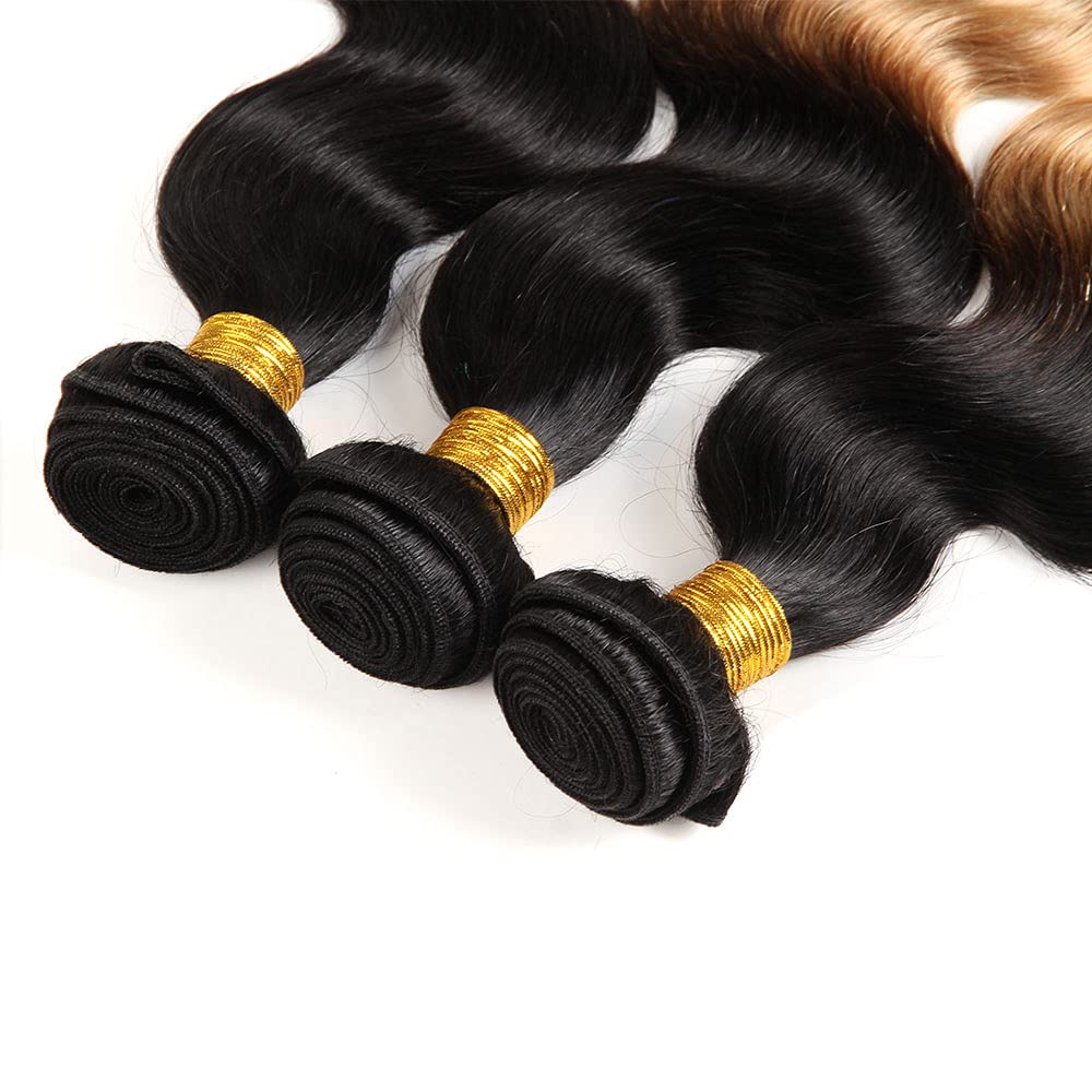 1b27 Human Hair Bundles Ombre Blonde Body Wave Bundles 8A Peruvian Virgin Human Hair 3 Bundles 12 14 16 Inch Two Tone Black and Blonde Bundles Hair Extensions Blonde Body Wave Bundles