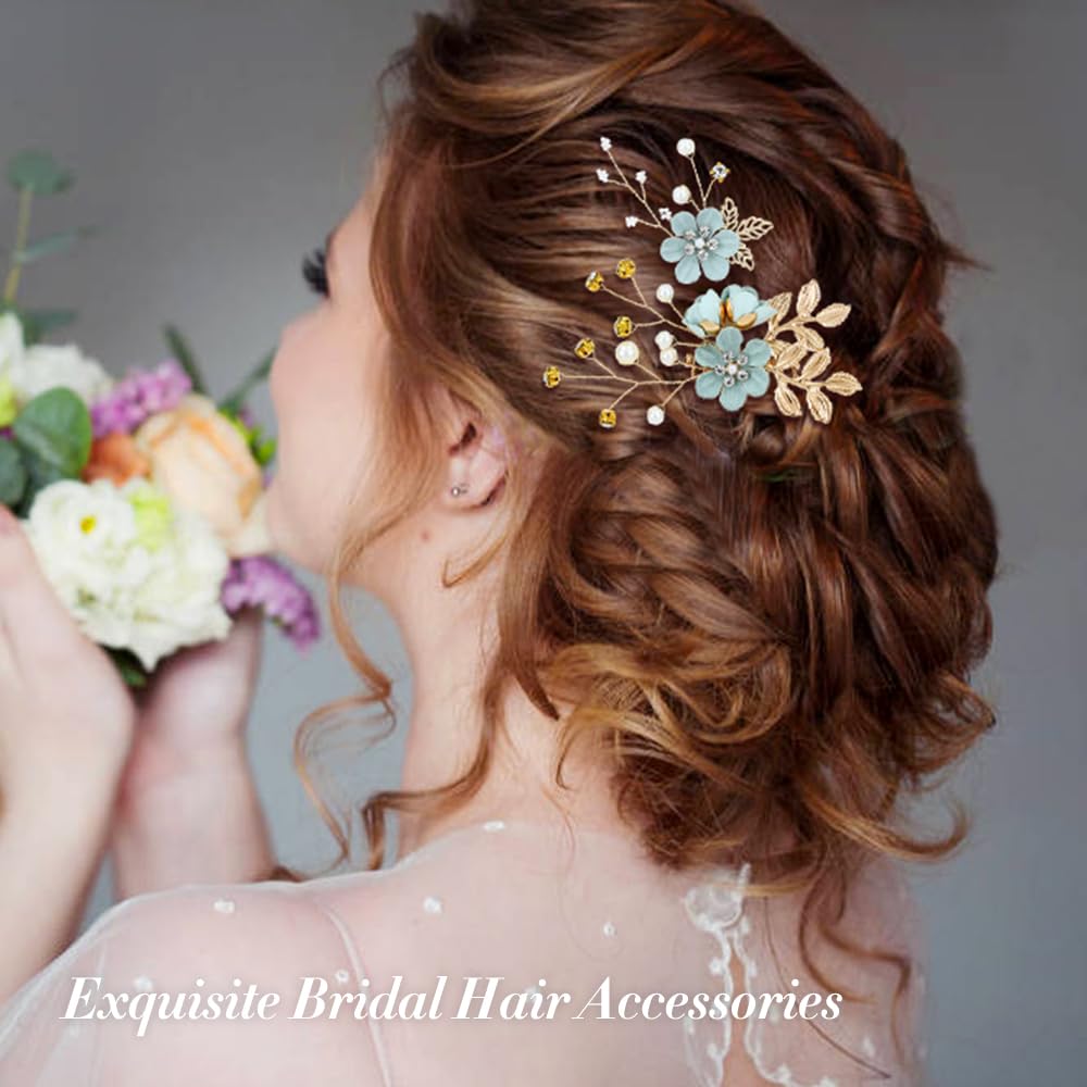 Cinaci 18 Pieces Bridal Wedding Party Prom Pearl Rhinestone Light Green Flower Hair Side Combs Slides+U-shaped Flower Hair Pins+Twist Spiral Hairpins Floral Headpieces for Brides Bridesmaids Women Gir