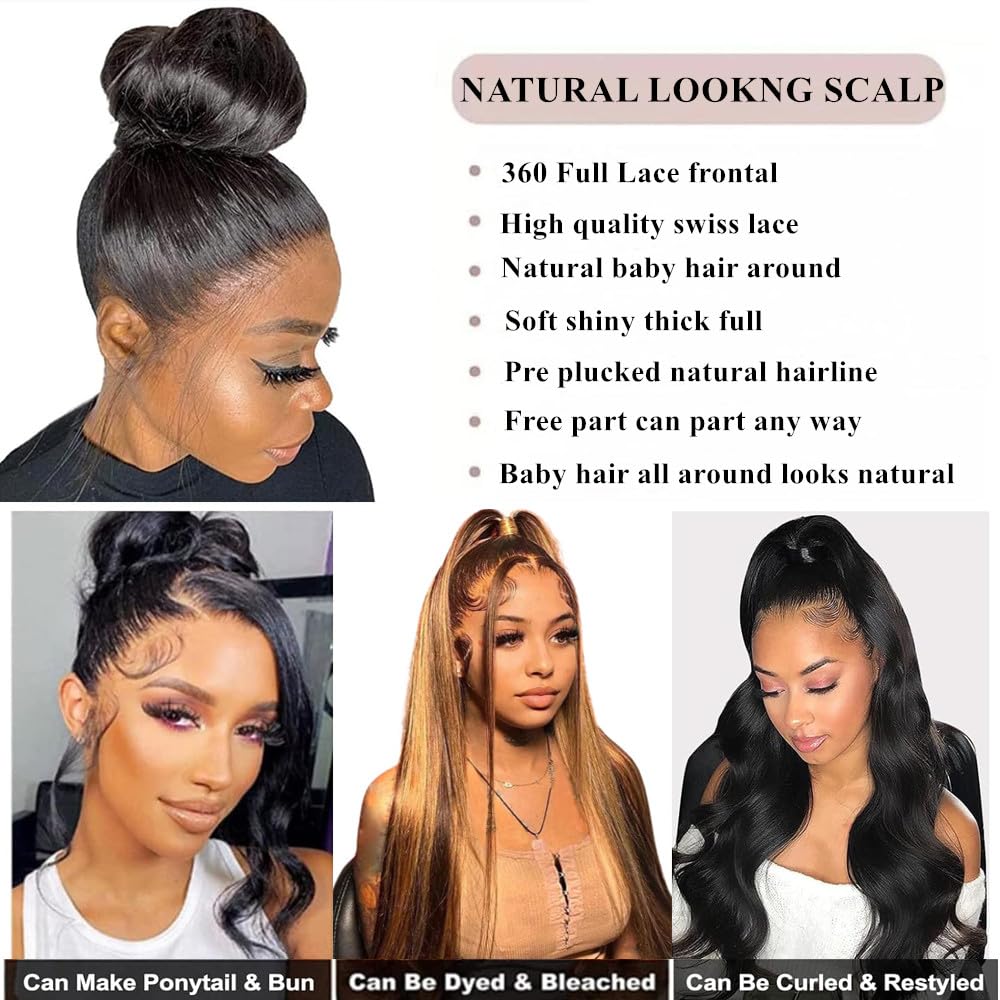 360 Frontal Striaght HD Transparent Lace Frontals 12A Brazilian Virgin Human Hair Lace Frontal Closure Natural Black (Full Lace Frontal, 22 Inch)
