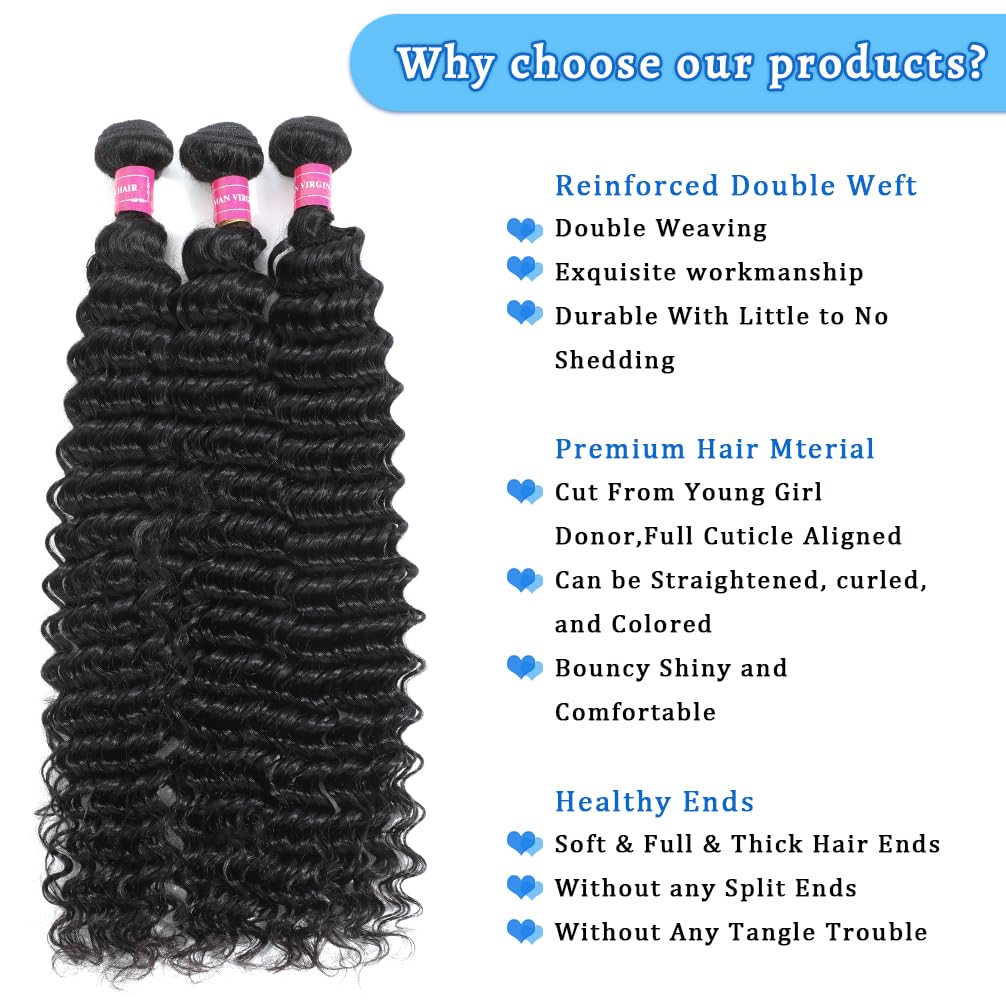 14A Deep Wave Bundles Human Hair 16 18 20 Inch, Full and Silky 100% Unprocessed Brazilian Virgin Human Hair Extensions Natural Black (Deep Wave Bundles, 16 18 20)