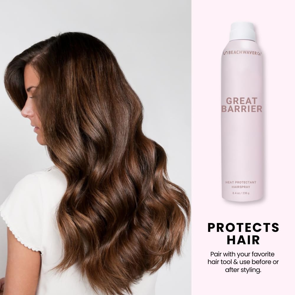 The Beachwaver Co. Haircare Great Barrier Heat Protectant Hair Spray - Full Size (8.4 Fl Oz) | Multi-Purpose Treatment for Heat Protection | Flexible Hold & No Frizz | Polynesian Pink Sugar Scent