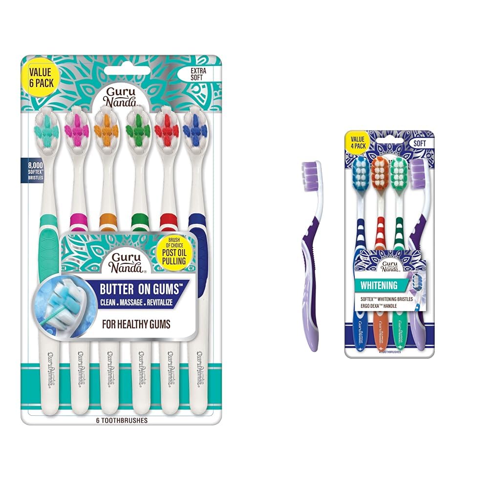 GuruNanda Toothbrush Bundle with 8000+ Softex Bristles for Sensitive Gums (6 Count) and Whitening Toothbrush with Softex Bristles (4 Count)