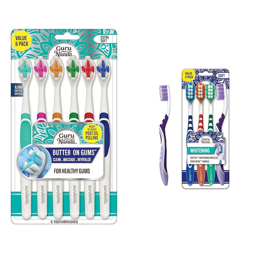 GuruNanda Toothbrush Bundle with 8000+ Softex Bristles for Sensitive Gums (6 Count) and Whitening Toothbrush with Softex Bristles (4 Count)