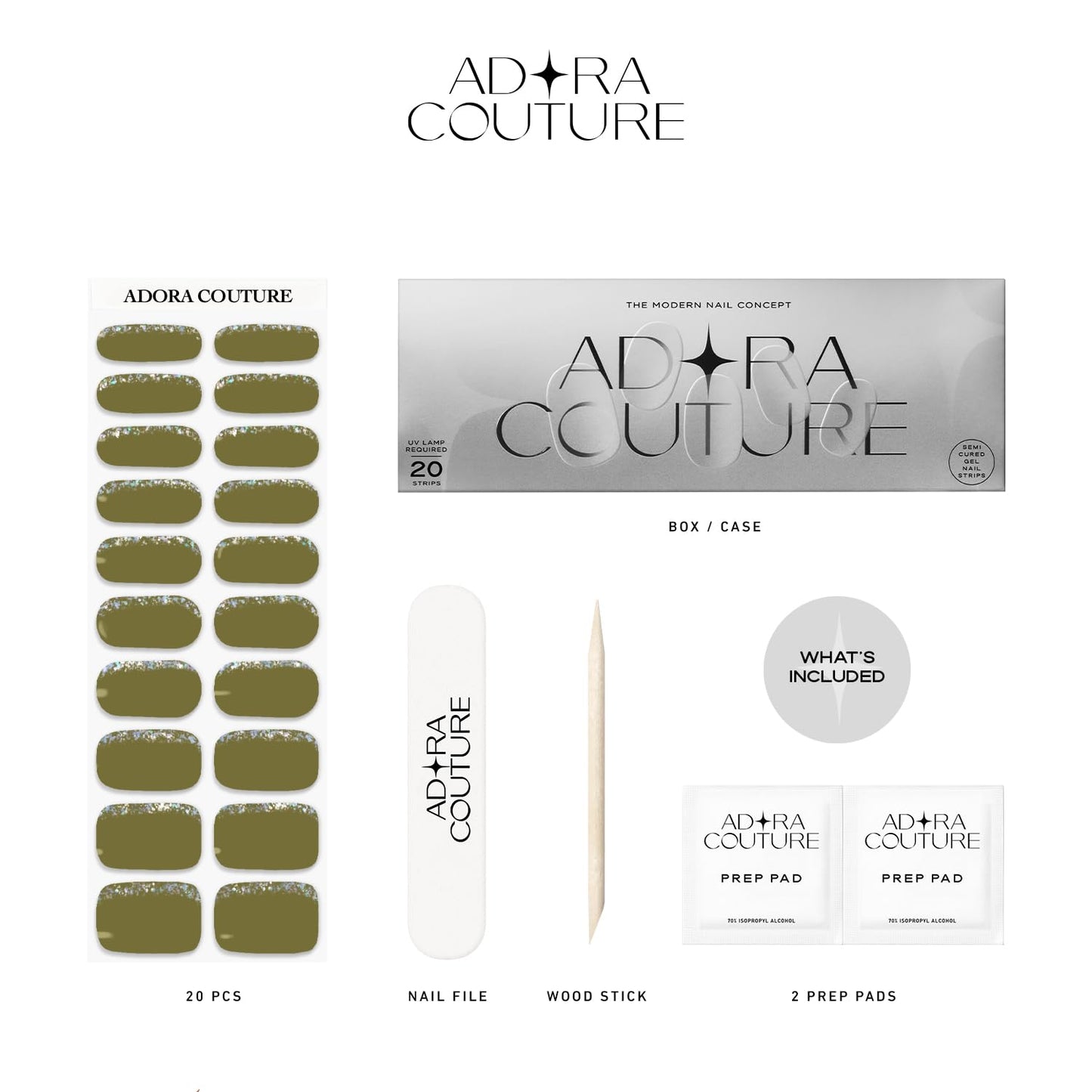 Adora Couture Semi Cured Gel Nail Strips with 20 Pieces, Salon Quality Wraps for Women, Olive Green Moss Sage Glitter UV Gel Stickers, UV Light Required, Olive Joy