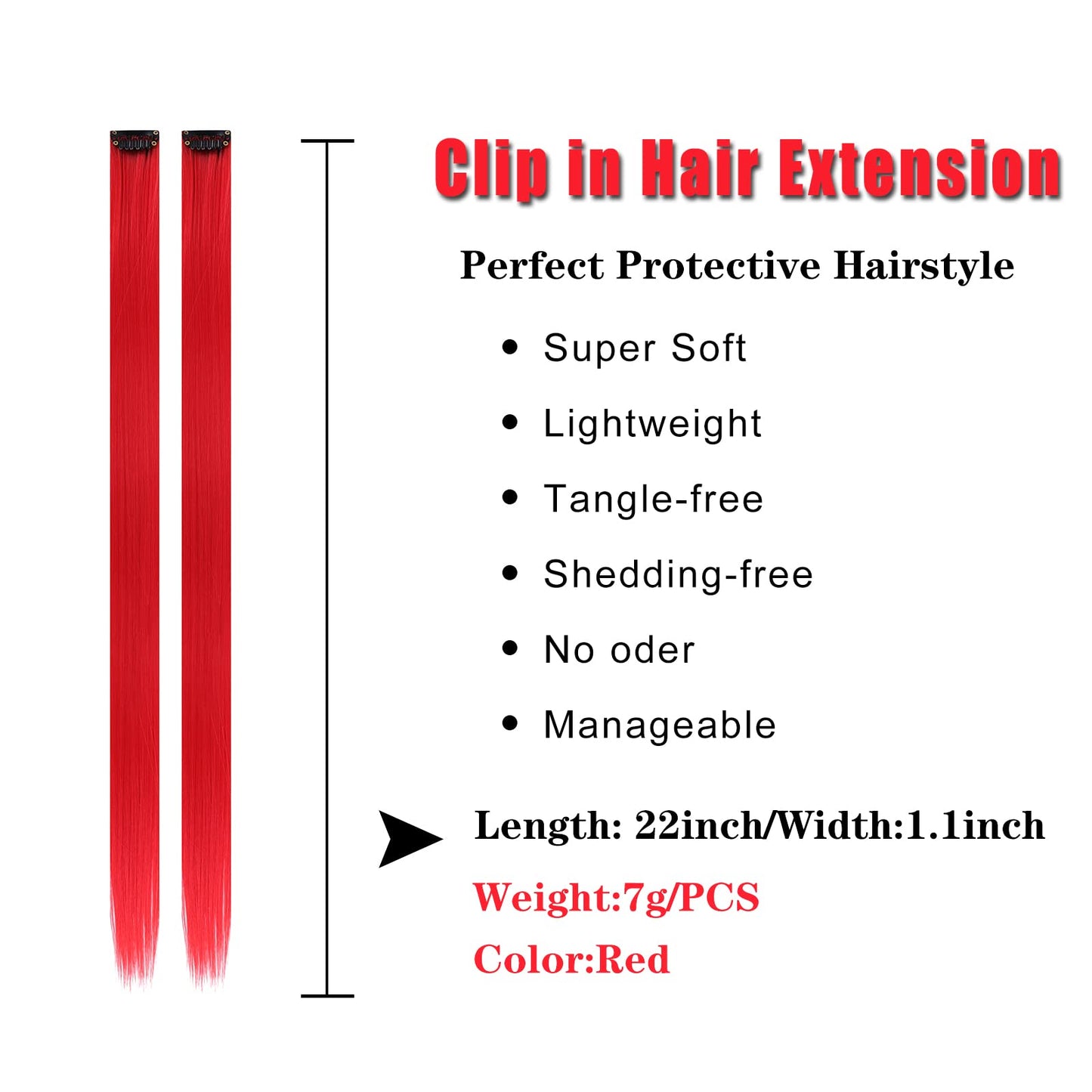 12PCS Colored Red Hair Extensions Straight Multicolor Clip in Hair Extensions Colorful 20 Inch Rainbow Hair Extensions for Kids Women's Gifts Halloween Christmas Party Highlights (12pcs Red)