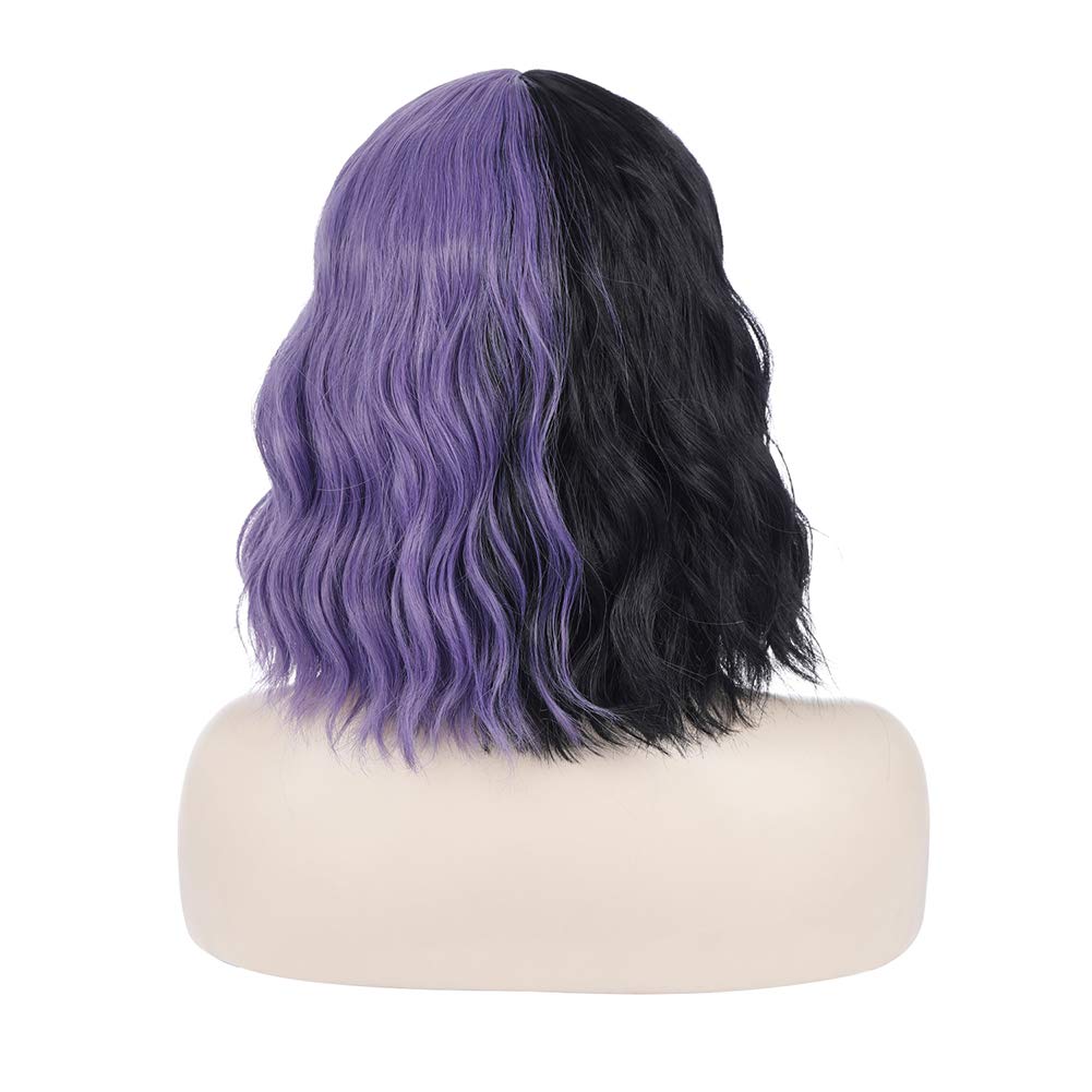 PATTNIUM Black Purple Wig Half purple Wig Short Curly Wig With Bangs Split Wig for Women Heat Resistant Synthetic Hair Cosplay Party Wig (Black and Purple)