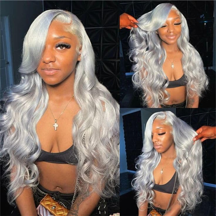 Grey Lace Front Wigs Human Hair 22 Inch 13x6 Grey Wig Human Hair Pre Plucked Glueless HD Lace Front Grey Wigs for Black Women 180% Density Colored Silver Grey Straight Human Hair Lace Front Wigs