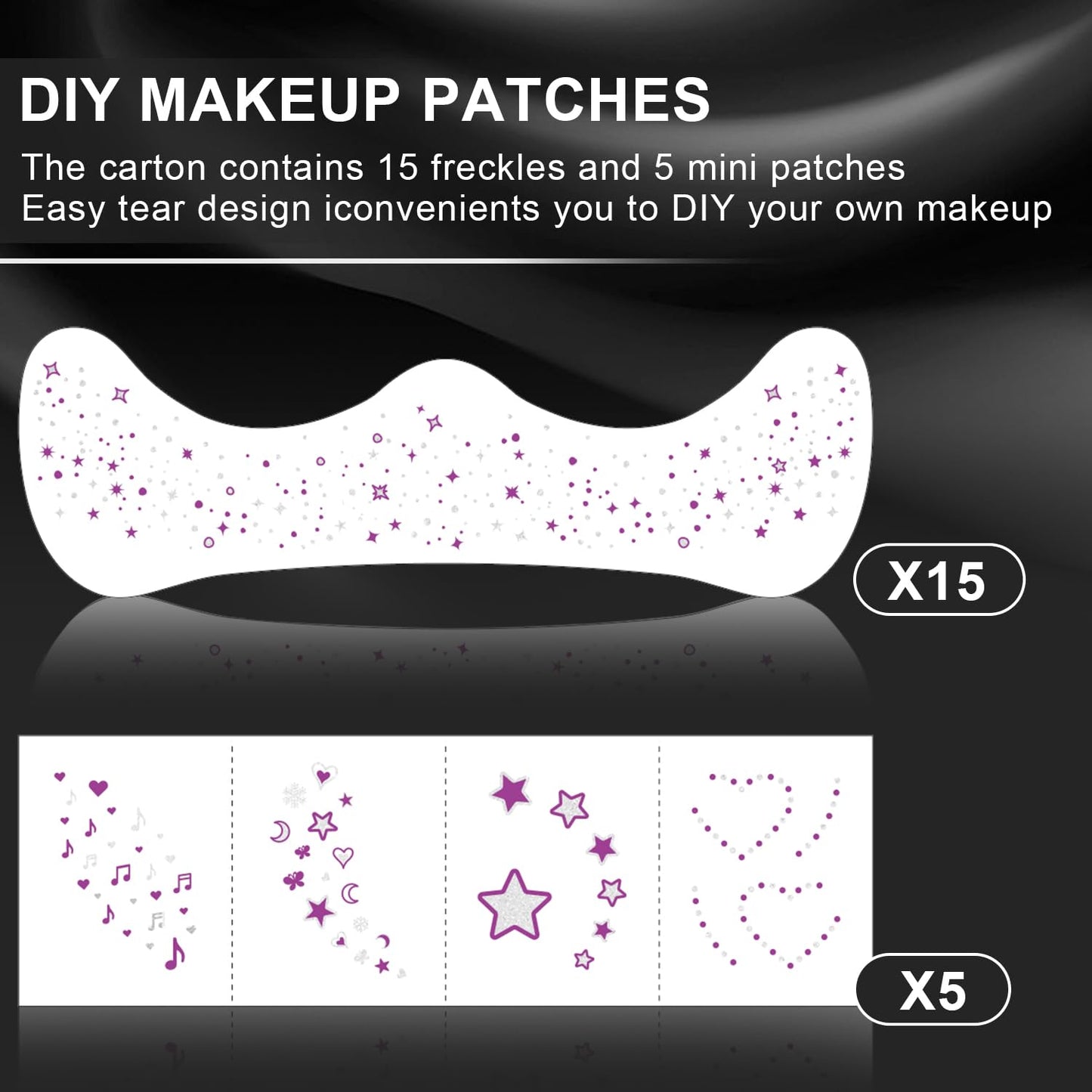 20 Pcs Dual-tone Face Makeup Patches, Purple-silver Glitter Freckles, Glitter Freckles Face Tattoo, Waterproof Face Sparkle Freckles, Long-Lasting 48h Freckles for Women (Purple-silver)