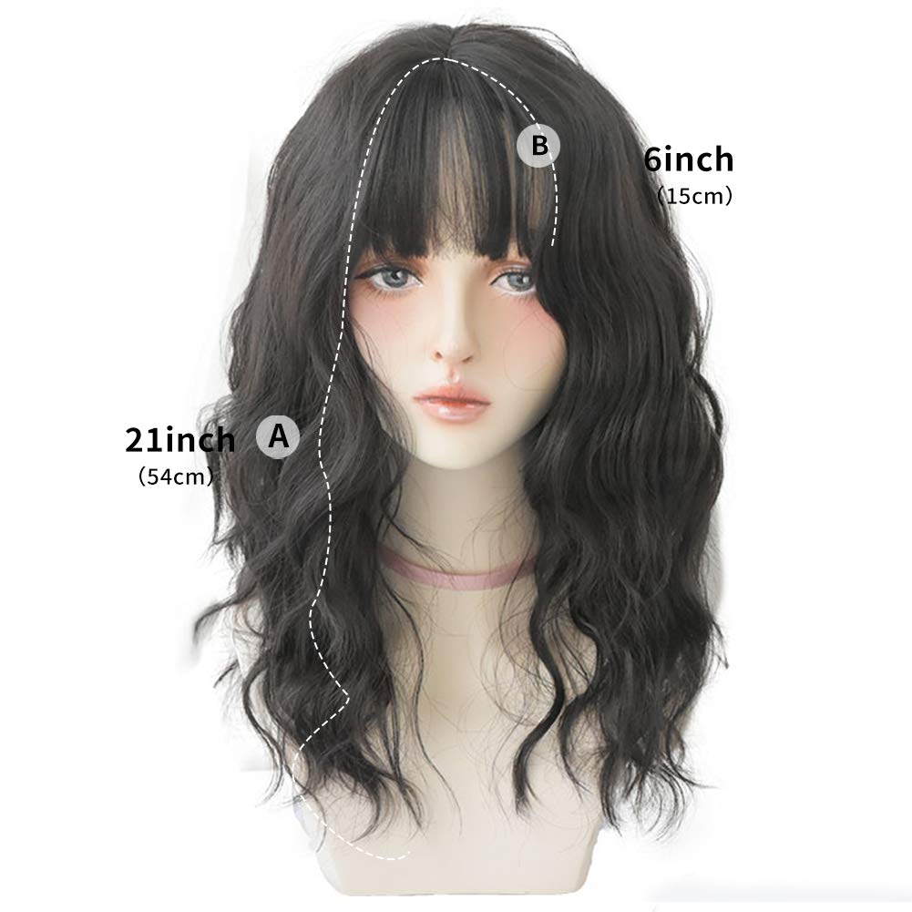 URCGTSA Wavy wigs with Bangs for women Party Wigs Natural Looking Heat Resistant Fiber Hair Color Wavy hair osplay Daily Part Wig for Women Full Hair Straight Wigs (Black brown)