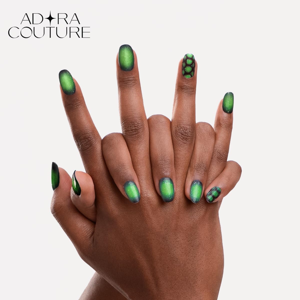Adora Couture Semi Cured Gel Nail Strips with 30 Pieces, Salon Quality Nail Wraps for Women, Green Black Ombre Aura UV Gel Nail Stickers, UV Light Required, Lizard Green