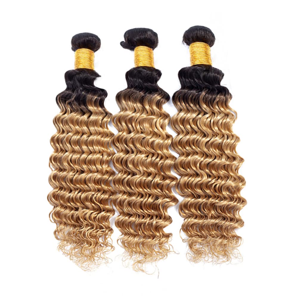 1B27 Ombre Deep Wave Human Hair Bundles Honey Blonde Deep Wave Hair 3 Bundle 24 26 28 Inch Unprocessed Virgin Hair Bundle Brazilian Remy Hair Weave Double Weft Hair Extensions