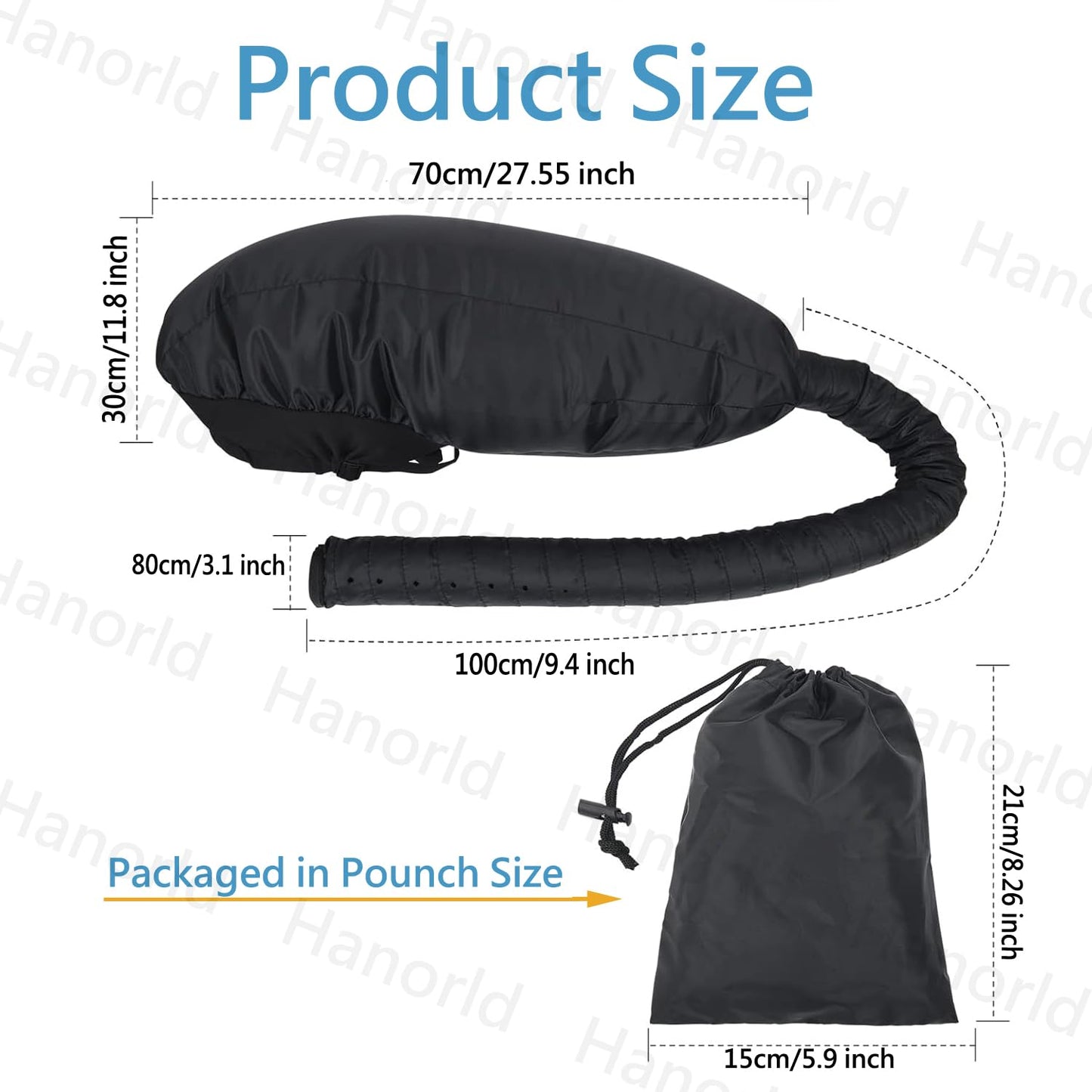 Hair Dryer Attachment Long Bonnet Hood Dryer with Headband, Reduces Heat Around Ears and Neck, Use for Hair Styling, Hair Drying, Curling and Deep Conditioning, Black