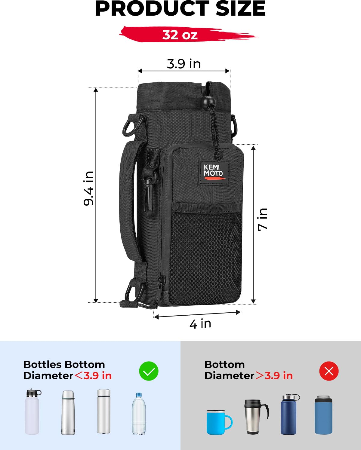 KEMIMOTO Water Bottle Holder Bag, Water Bottle Carrier with Adjustable Shoulder Strap, Water Bottle Pouch Holder for Hiking, Camping, Fishing, Compatible with YETI STANLEY SLM 32 oz, 40 oz, 64 oz