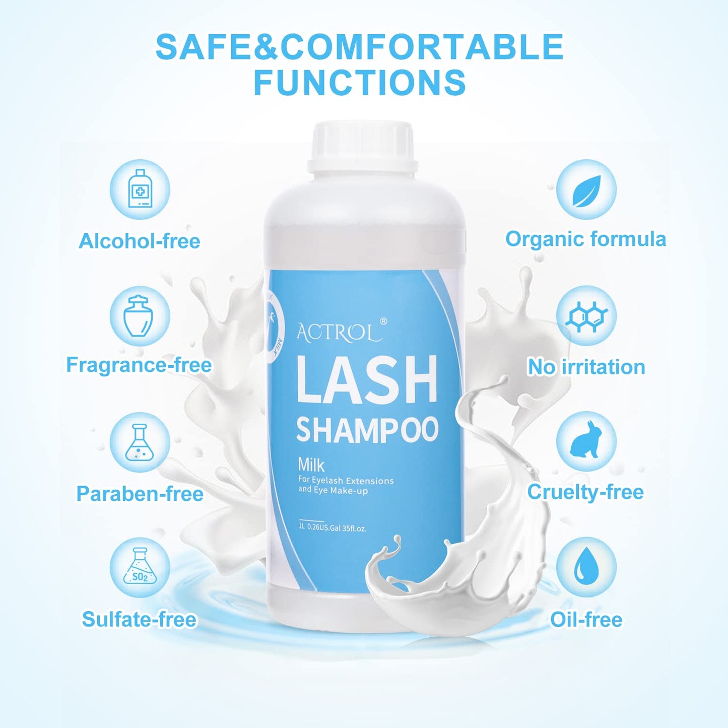 ACTROL Eyelash Extension Cleanser Milk 1L Natural Lash Extension Shampoo Professional Eyelid Foaming Cleanser Paraben & Sulfate Free Non-lrritating with Salon and Home Care