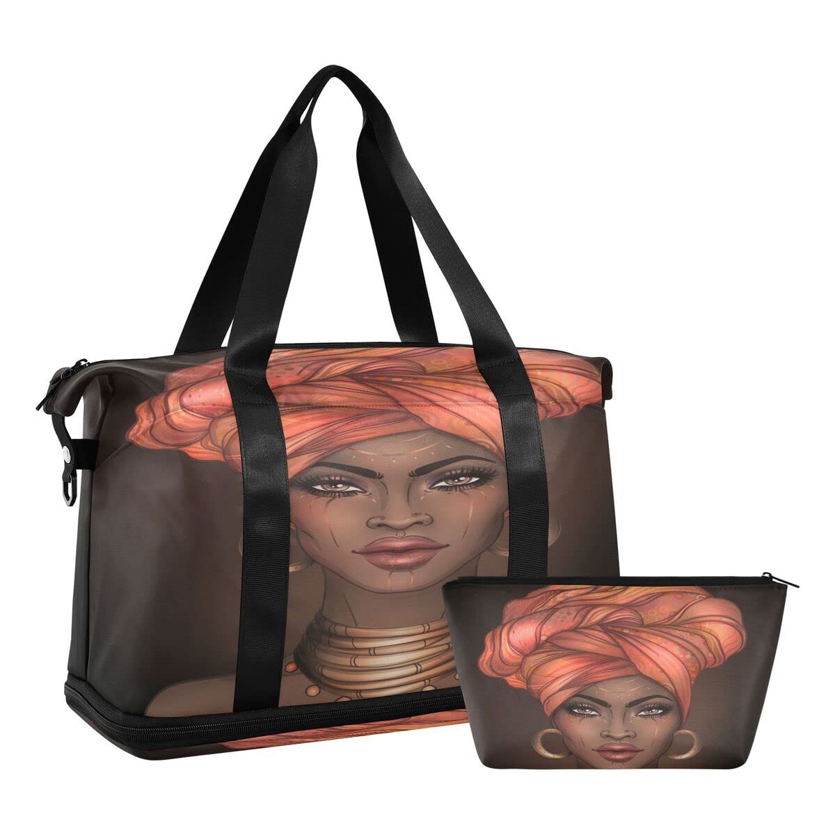 Gym Bag Sports Travel Duffel Bag Weekender Overnight Bag with Wet Pocket Shoes Compartment and Toiletry Bag African American Woman for Travel, Business,Gym, Yoga