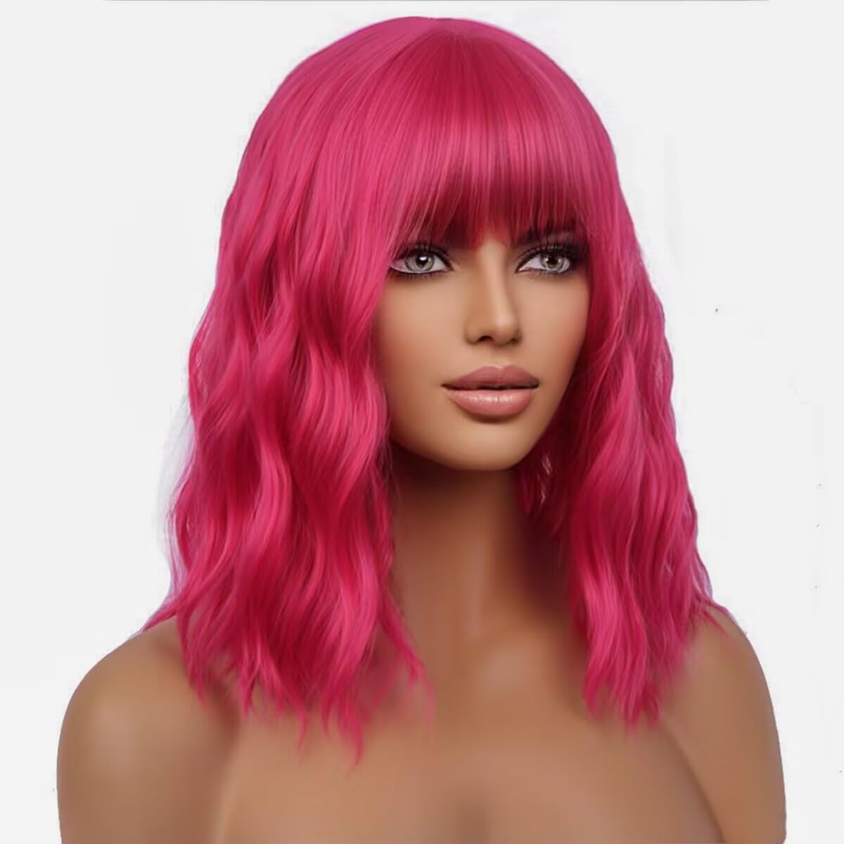 WTHCOS Hot Pink Wig Short Curly Wavy Wig with Bangs Rose Red Wig for Women Magenta Wig Neon Pink Wig Synthetic Wigs for Cosplay Costume Party with Wig Cap