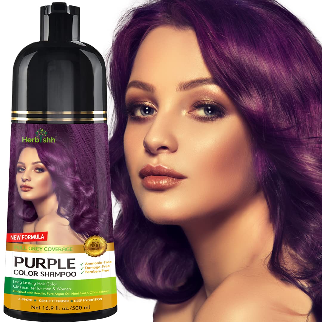 Herbishh Magic Hair Dye Shampoo – Colors Gray Hair in Minutes – Long Lasting – 500 Ml – 3-In-1 Ammonia-Free Color Treatment (Purple)