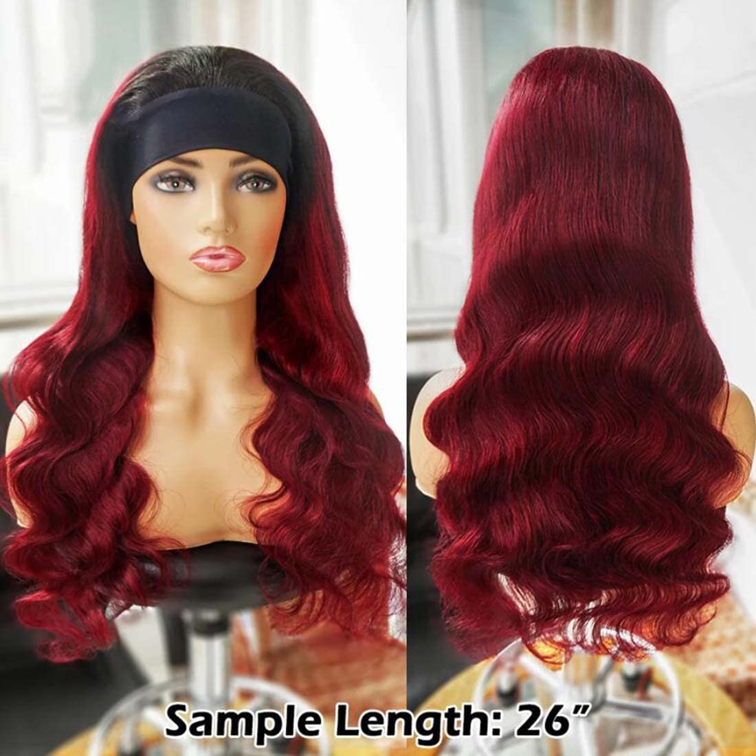 Adette 10A Grade Unprocessed Human Hair Headband Wigs Body Wavy Ombre Dark Red 22 Inch Glueless Wigs for Black Women 180% Density Easy to Wear