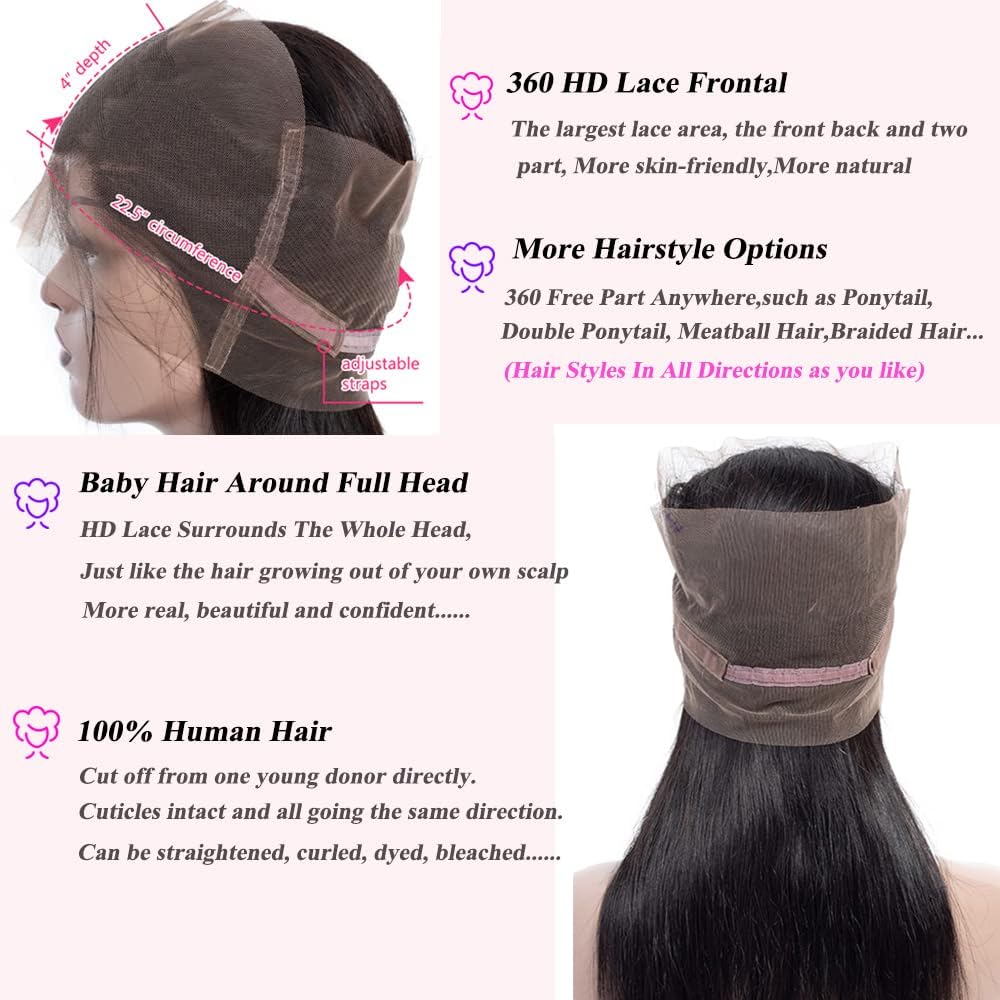 360 Frontal Striaght HD Transparent Lace Frontals 12A Brazilian Virgin Human Hair Lace Frontal Closure Natural Black (Full Lace Frontal, 22 Inch)