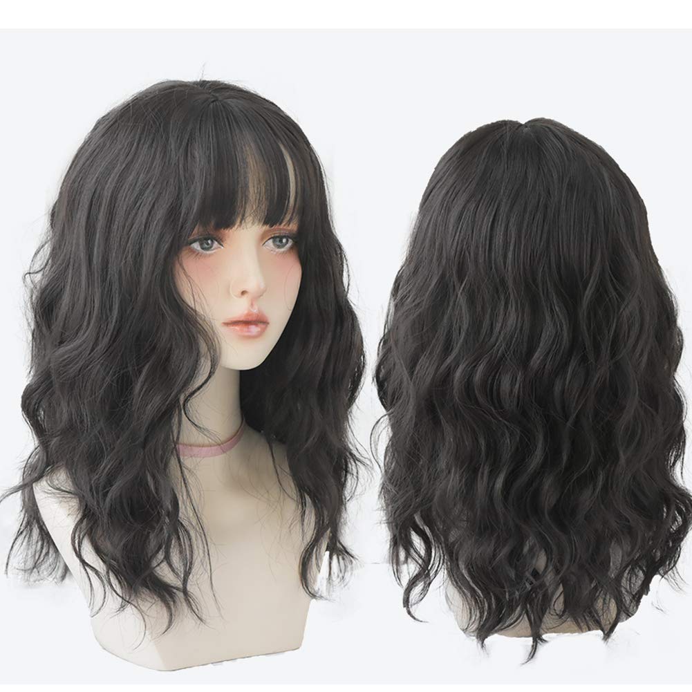 URCGTSA Wavy wigs with Bangs for women Party Wigs Natural Looking Heat Resistant Fiber Hair Color Wavy hair osplay Daily Part Wig for Women Full Hair Straight Wigs (Black brown)