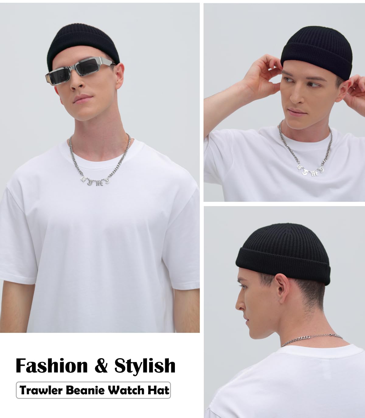 ROYBENS Swag Wool Knit Cuff Short Fisherman Beanie for Men Women, Winter Warm Hats,Trawler Watch Hat Soft Spring Fall Skull Cap Unisex Black