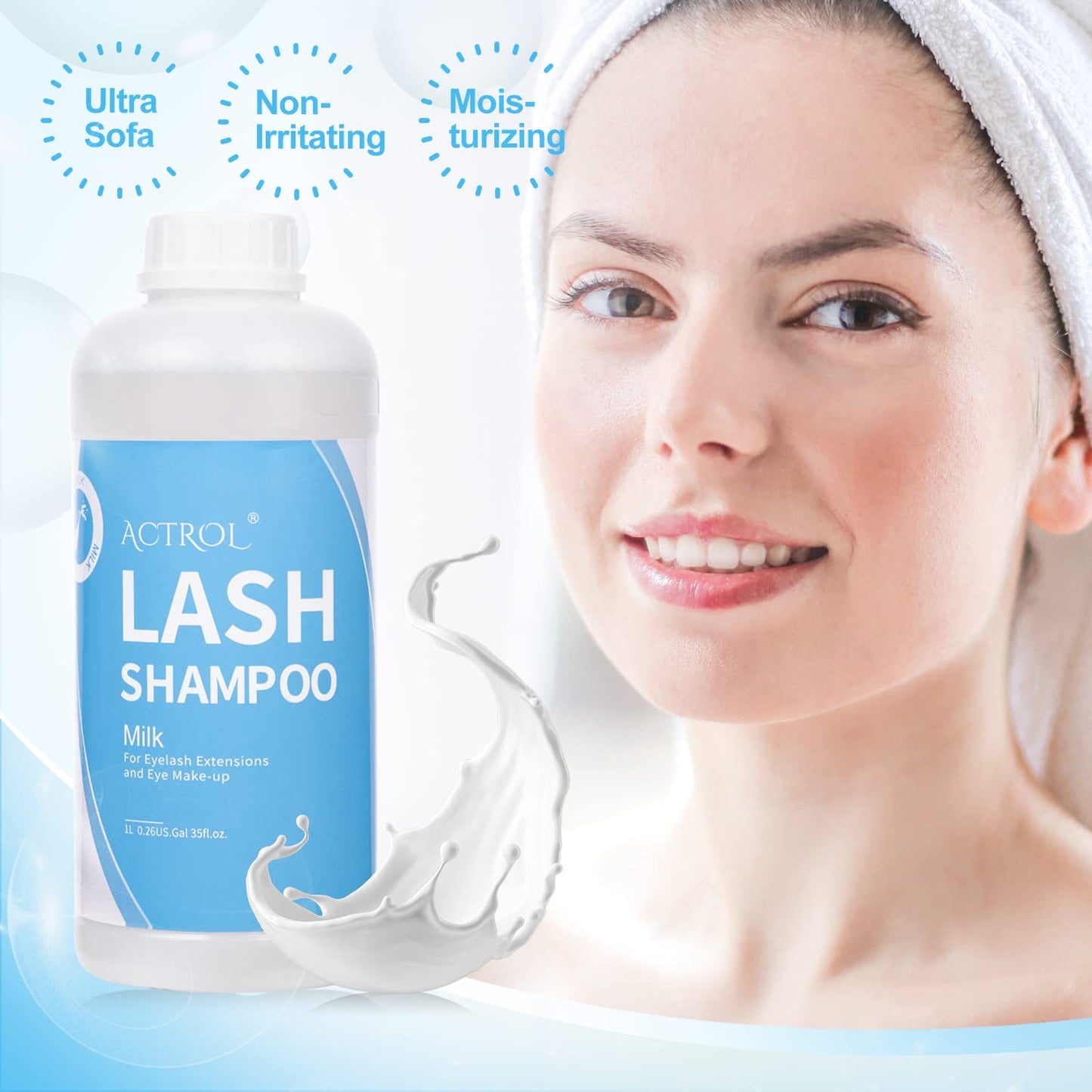 ACTROL Eyelash Extension Cleanser Milk 1L Natural Lash Extension Shampoo Professional Eyelid Foaming Cleanser Paraben & Sulfate Free Non-lrritating with Salon and Home Care