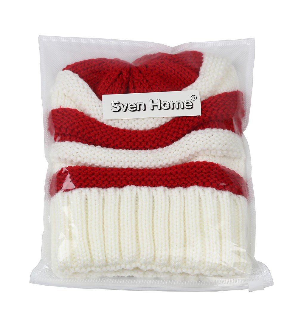 SVEN HOME Soft Slouchy Beanies Knit Warm Winter Unisex Cap Thick Women's Men Hat Christmas hat (White/Red)