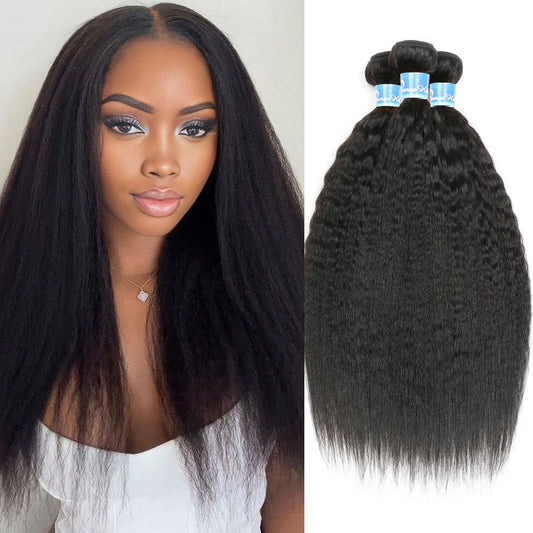 20 22 24 Kinky Straight Human Hair Bundles Yaki Straight Human Hair Extensions 100% Unprocessed Brazilian Virgin Remy Hair Kinky Straight Human Hair For Black Women Natural Black