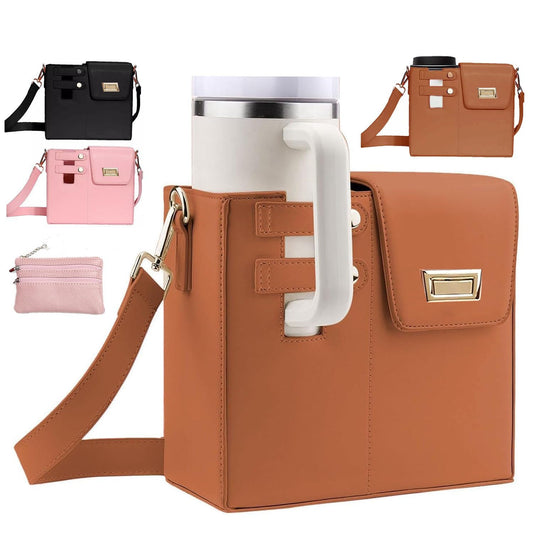 Outdoor Portable Crossbody Water Cup Storage Bag,Crossbody Cup Holder Bag,Crossbody Bag With Water Bottle Holder,for Stanley Purse Cup Holder Bag,Leather Water Bottle Bag With Adjustable Strap (Brown)