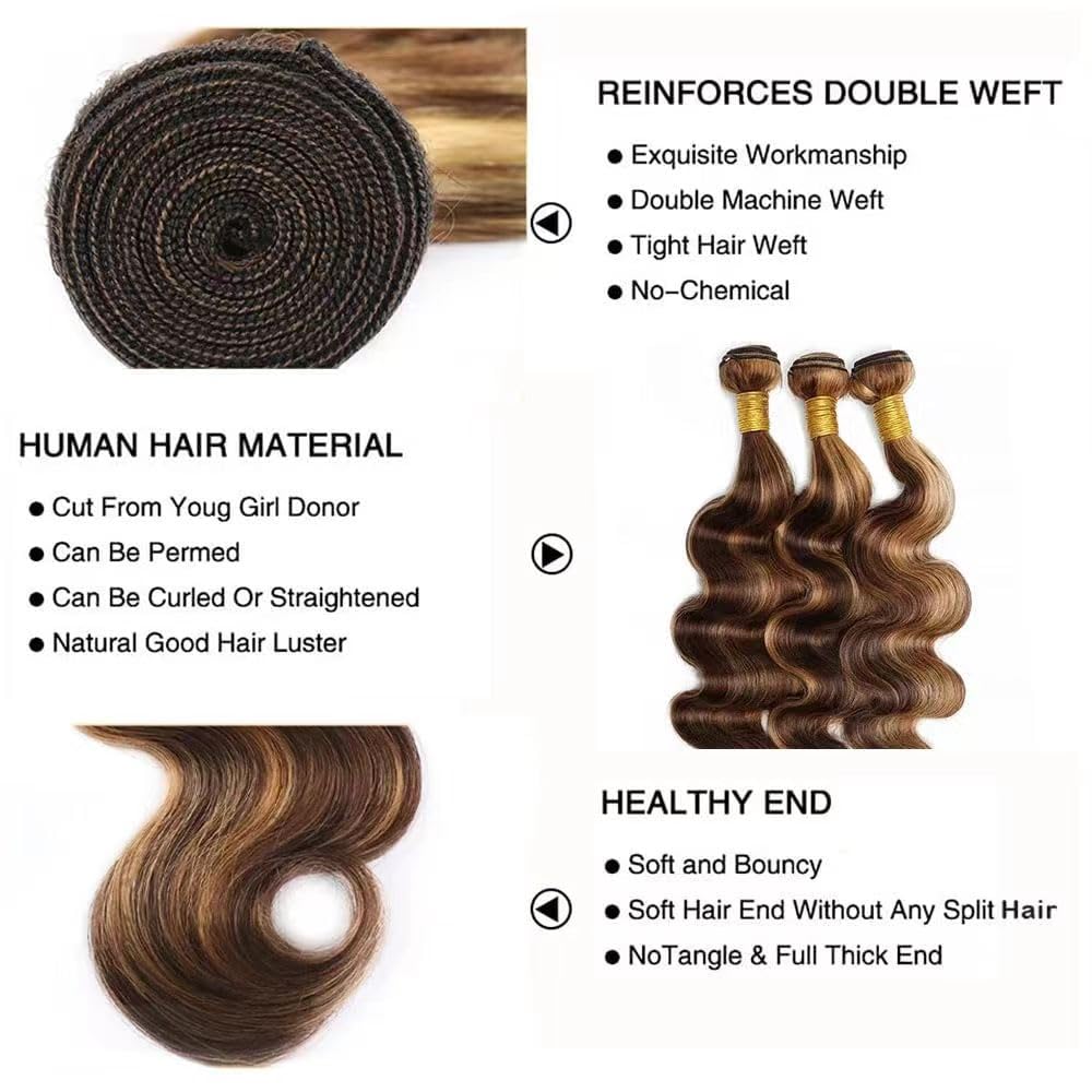 Habiliana Bundles Human Hair Body Wave Human Hair Bundles T1B/4/30 Omber Natural Chocolate Brown Human Hair Bundles Unprocessed Brazilian Virgin Hair Bundles Human Hair for Black Women