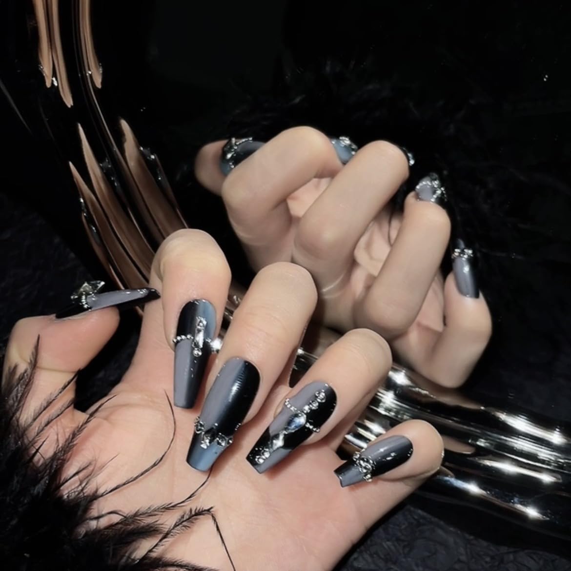 CAMILCY Handmade Nails Press on Coffin Armor Gradient Black Crystal Design Hand Painted Reusable Gel UV Finished Pre Shaped False Nails for Women 10Pcs 3D Handmade Nails (A011 L)