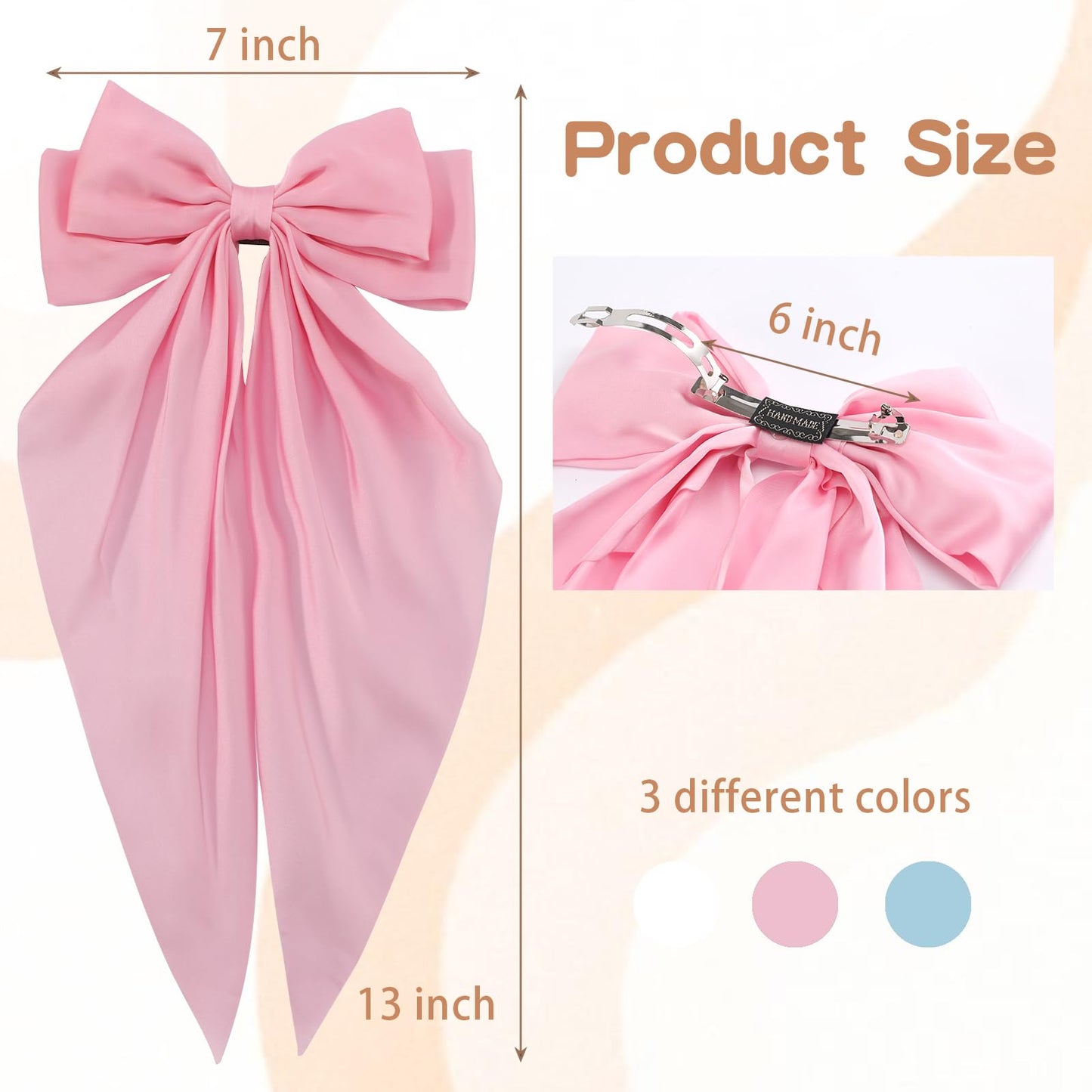 3 PCS Hair Bows for Women, Big Bow Hair Clips for Girls, Silky Satin Hair Bows Clips Oversized Long Tail, Large Hair Barrettes Cute Aesthetic Hair Accessories, Metal Bow Hair Clips Light Blue