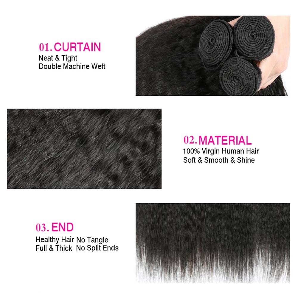 1B Yaki Straight Bundles Human Hair Color 1B Kinky Straight Bundles 8a Grade Double Weft Brazilian Remy Hair Weave Extensions Soft and Silky for Black Women (24 26 28 inch 3 Bundles)