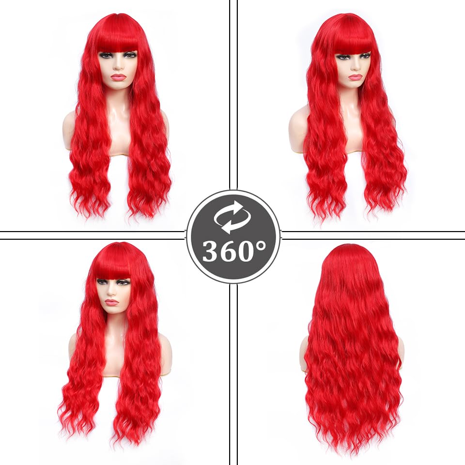 COSYMAY Red Wig Long Wavy Heat Resistant Fiber Wigs With Bangs for Girls Daily Cosplay Party Use for Women