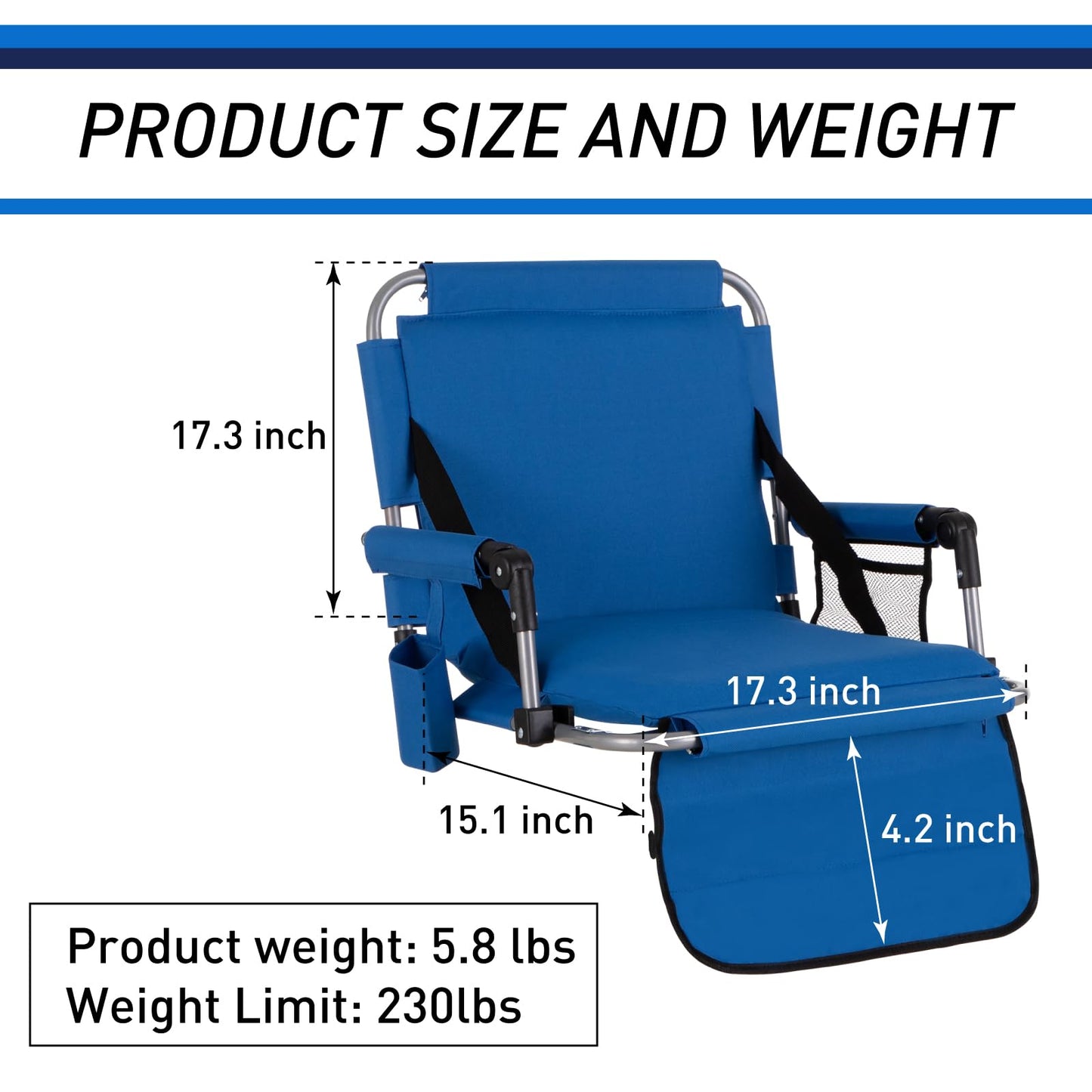 GREEN PARTY Stadium Seats for Bleachers 2 Pack Portable Outdoor Floor Folding Stadium Chair with Armrest, Back Support, Cup Holder, Mesh Bag and Hide Hooks, Blue