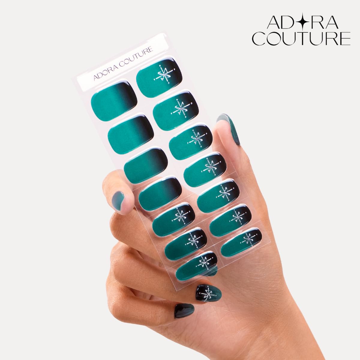 Adora Couture Semi Cured Gel Nail Strips with 30 Pieces, Salon Quality Nail Wraps for Women, Emeral Pattern & Ombre Green UV Gel Nail Stickers, UV Light Required, Emerald Envy