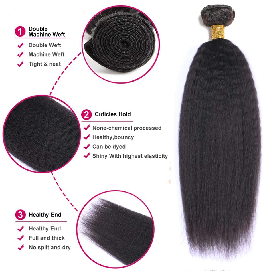 1B Yaki Straight Bundles Human Hair Color 1B Kinky Straight Bundles 8a Grade Double Weft Brazilian Remy Hair Weave Extensions Soft and Silky for Black Women (24 26 28 inch 3 Bundles)