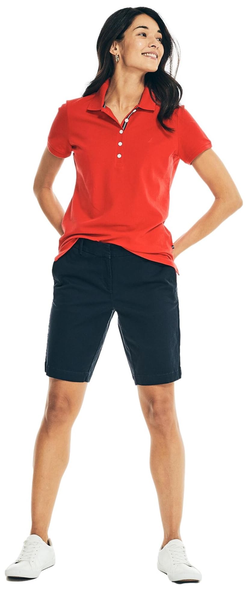 Nautica Women's 5-Button Classic fit Short Sleeve Polo Shirt, BrightRed, L