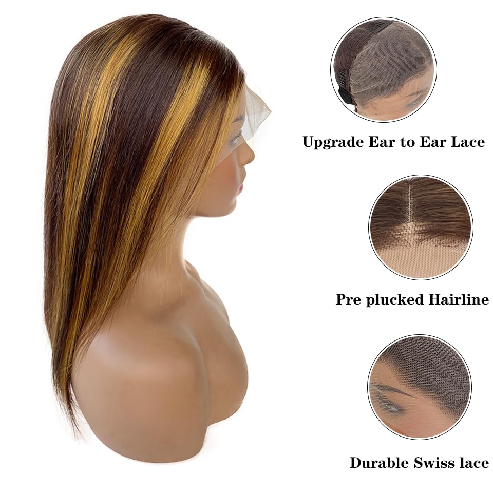 # 4/27 Ombre Honey Blonde Bob wig Highlight Lace Front Human Hair 13x4 HD Lace Front Bob Wigs Human Hair Straight Frontal Bob Wigs Glueless Wigs Human Hair Pre Plucked 180% Density Wigs 16 Inch