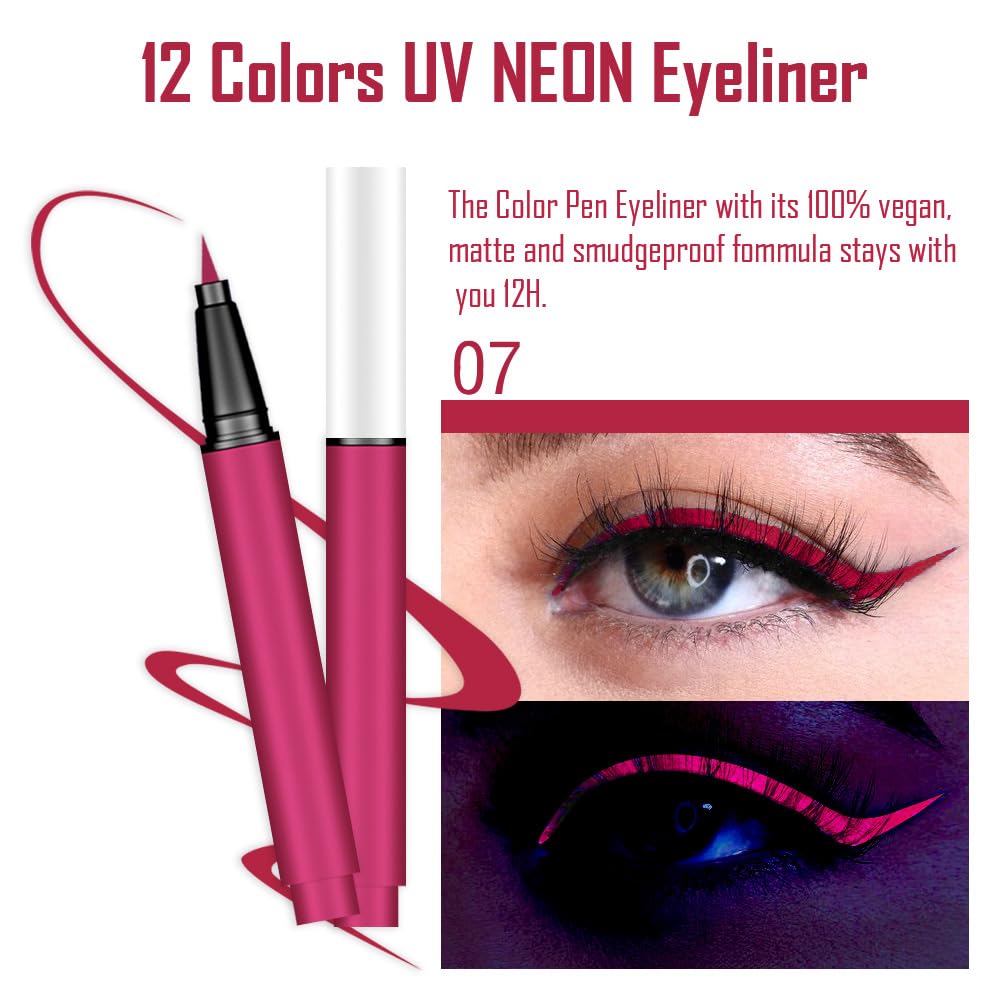 evpct Colorful UV Neon Liquid Eyeliner Pencil Pen, Rainbow Halloween Matte Colored Eyeliners Pencil Glow in Dark, Waterproof Long Lasting Highpigmented Delineador ojos líquido de neón 07# dark red