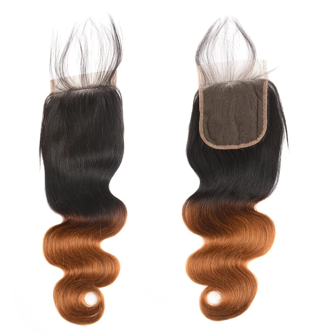 Ombre Human Hair 3 Bundles With 4x4 Lace Closure 1B/30 Two-tone Ombre Brown Body Wave Bundles with Closure Brazilian Virgin Human Hair Extensions For Women (T1B/30,12 14 16 +10)
