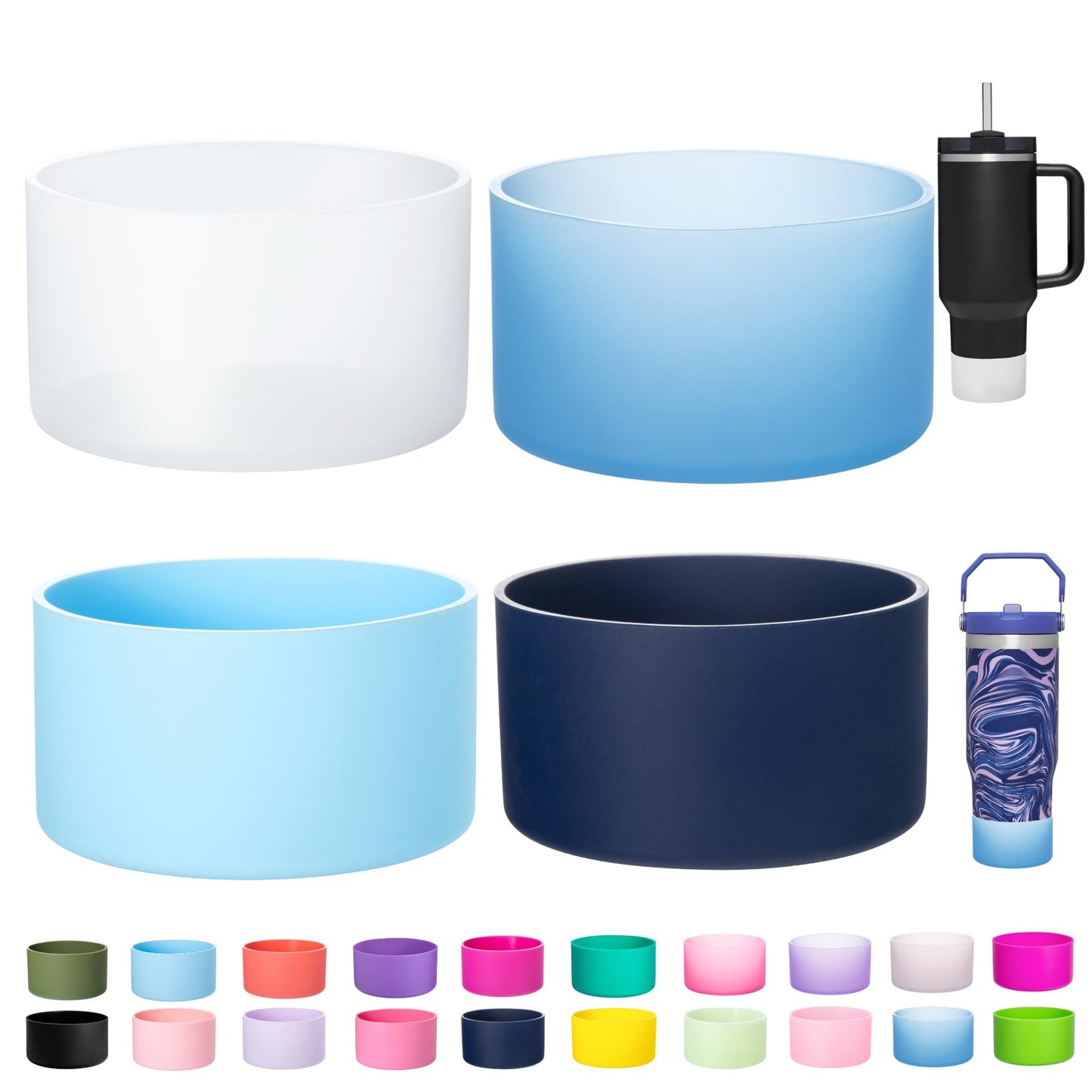 LONPARRY 4-Pack Silicone Boot for Stanley Cup Rubber Bottom Sleeve Protector for Stanley Tumbler HydroFlask Owala Car Travel Cup Bottle Bottom (Clear+Clear Blue+Dark Blue+Sky Blue)