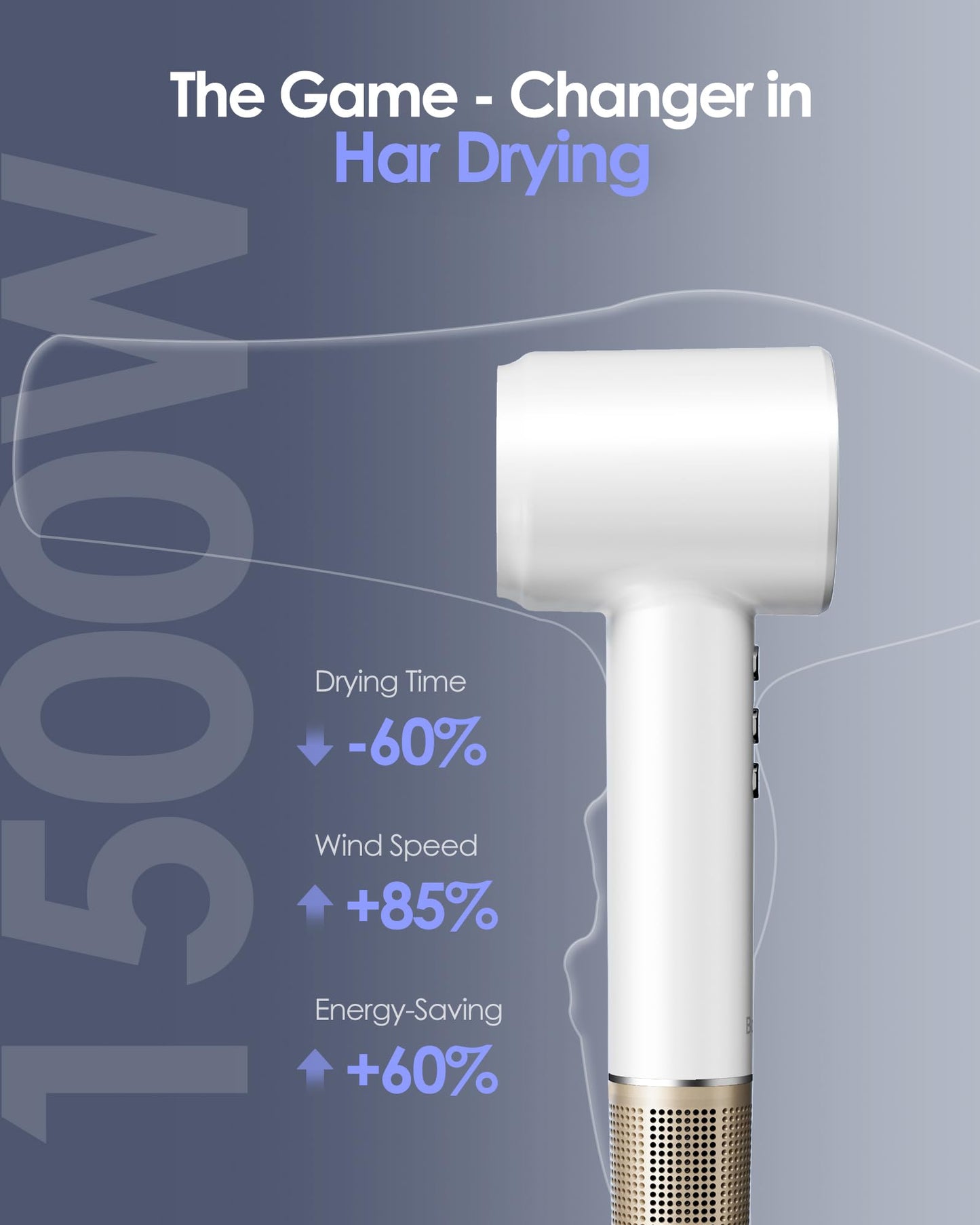 Hair Dryer -Bopcal Ionic Blow Dryer, 500 Million Ions Fast Drying, Low-Noise Hairdryer, 3 Speeds & 4 Temps with Travel Size for Professional Styling at Home/Salon