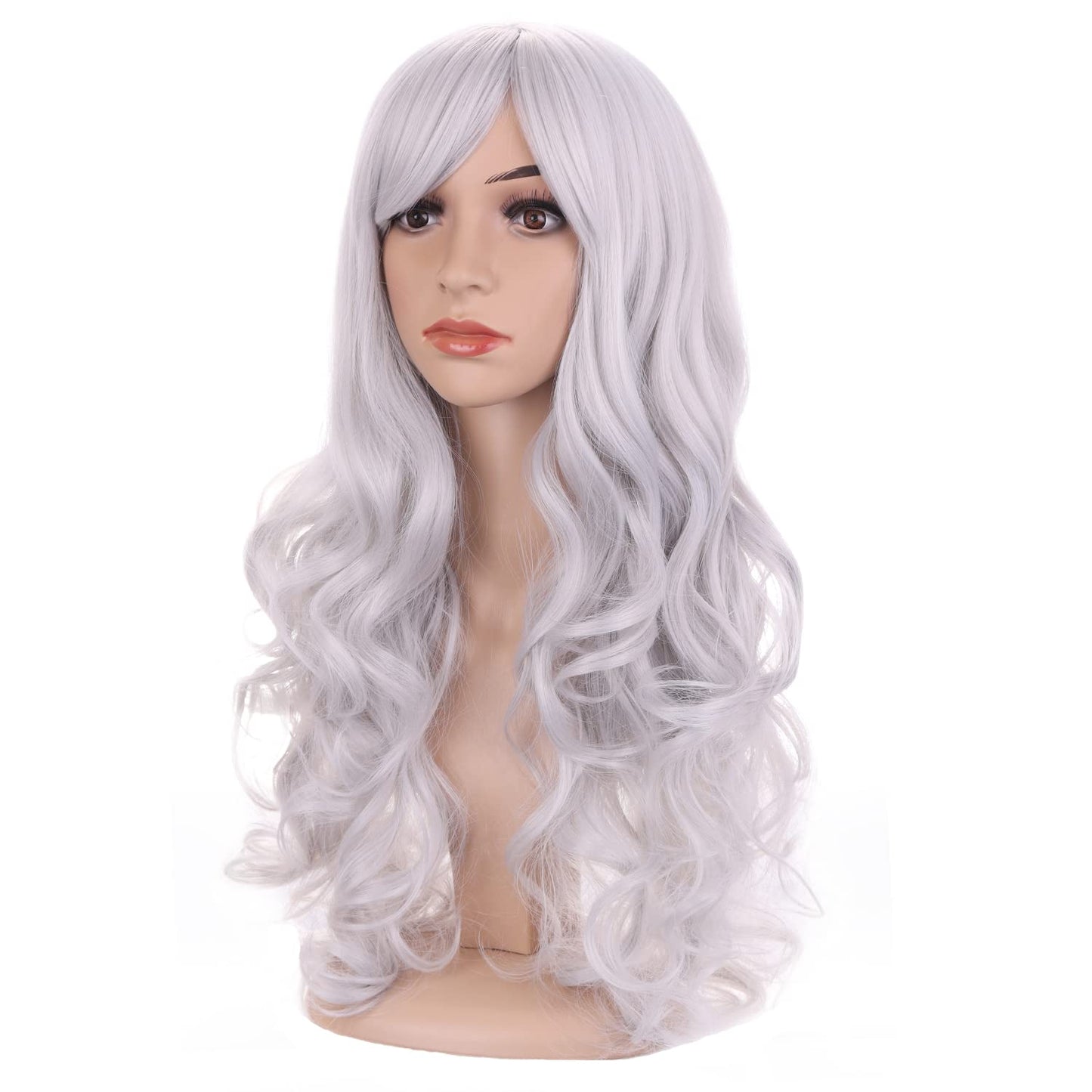 BERON Silver White Wig Long Wavy Wig Colorful Wig with Bangs for Women Silver Wig Long Curly Wig Silver White Wig Synthetic Wig with Wig Cap