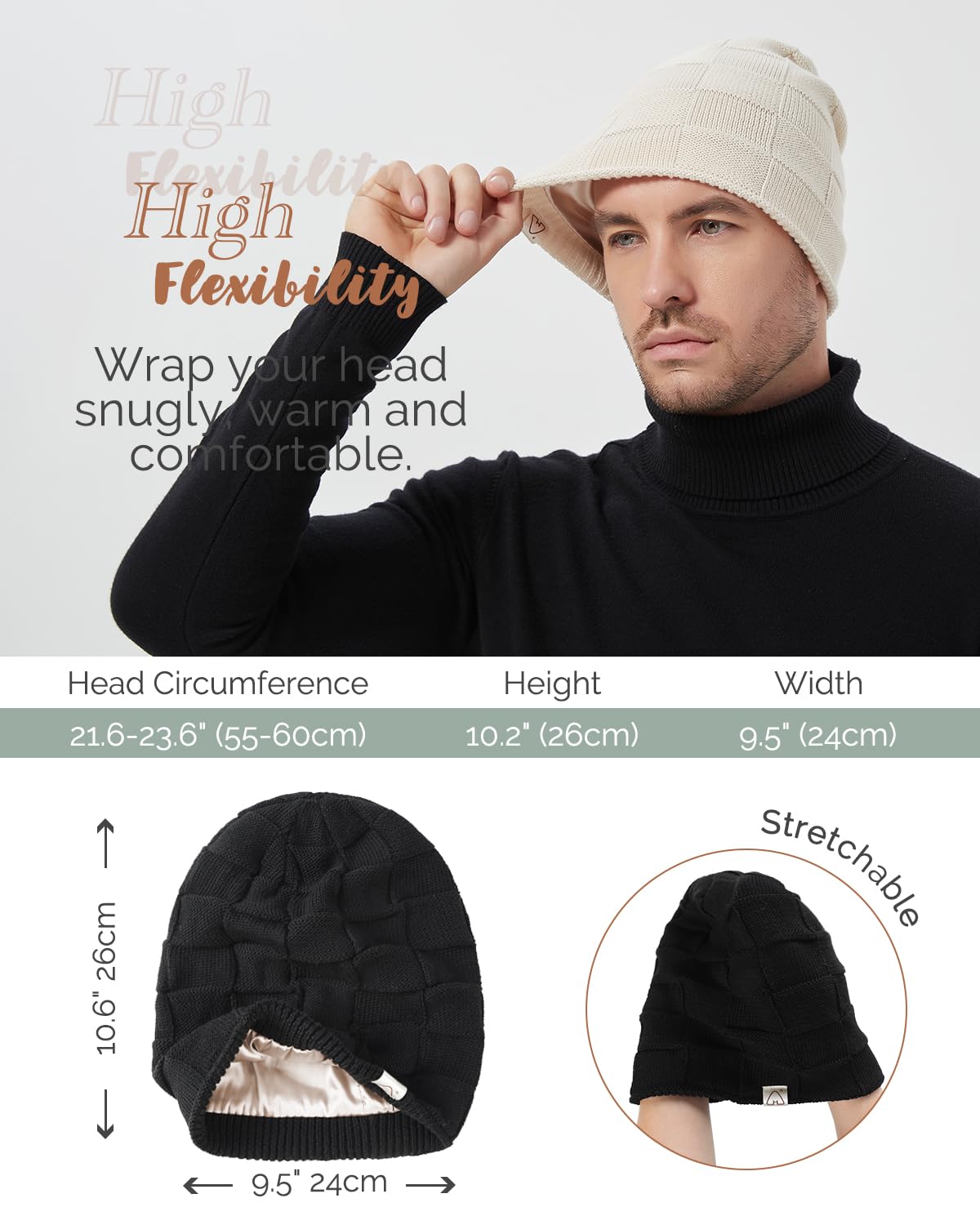 Hat Hut Womens Beanie Satin Lined Beanie Winter Hats for Women Men, Silk Lined Slouchy Beanie Hats Soft Warm Ski Hat Unisex (US, Alpha, One Size, Pure Black)