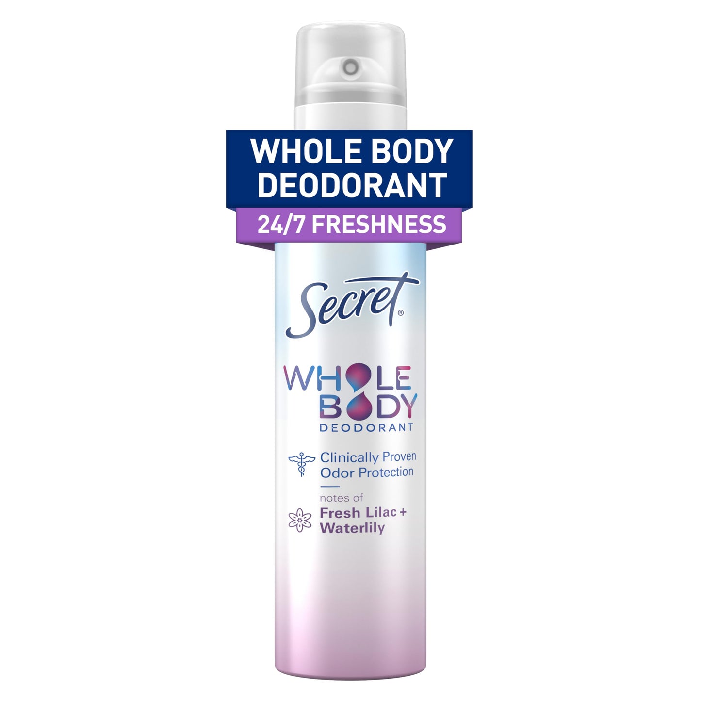 Secret Whole Body Deodorant Spray for Women, Lilac & Waterlily Scent, Aluminum Free Deodorant Spray, 72 HR Odor Protection, 3.5 oz