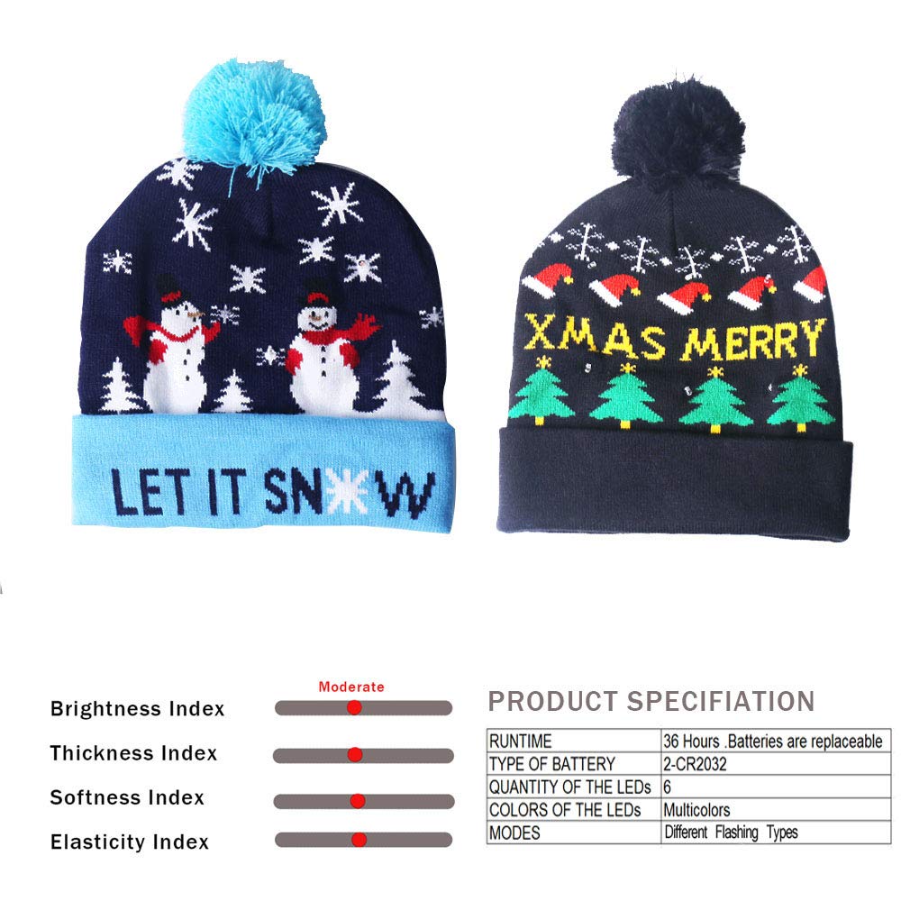 2 Pack LED Light Up Hat Beanie Knit Cap, Unisex Winter Snow Hat Sweater Ugly Holiday Hat Party Beanie Cap,with 6 Colorful Lights LED